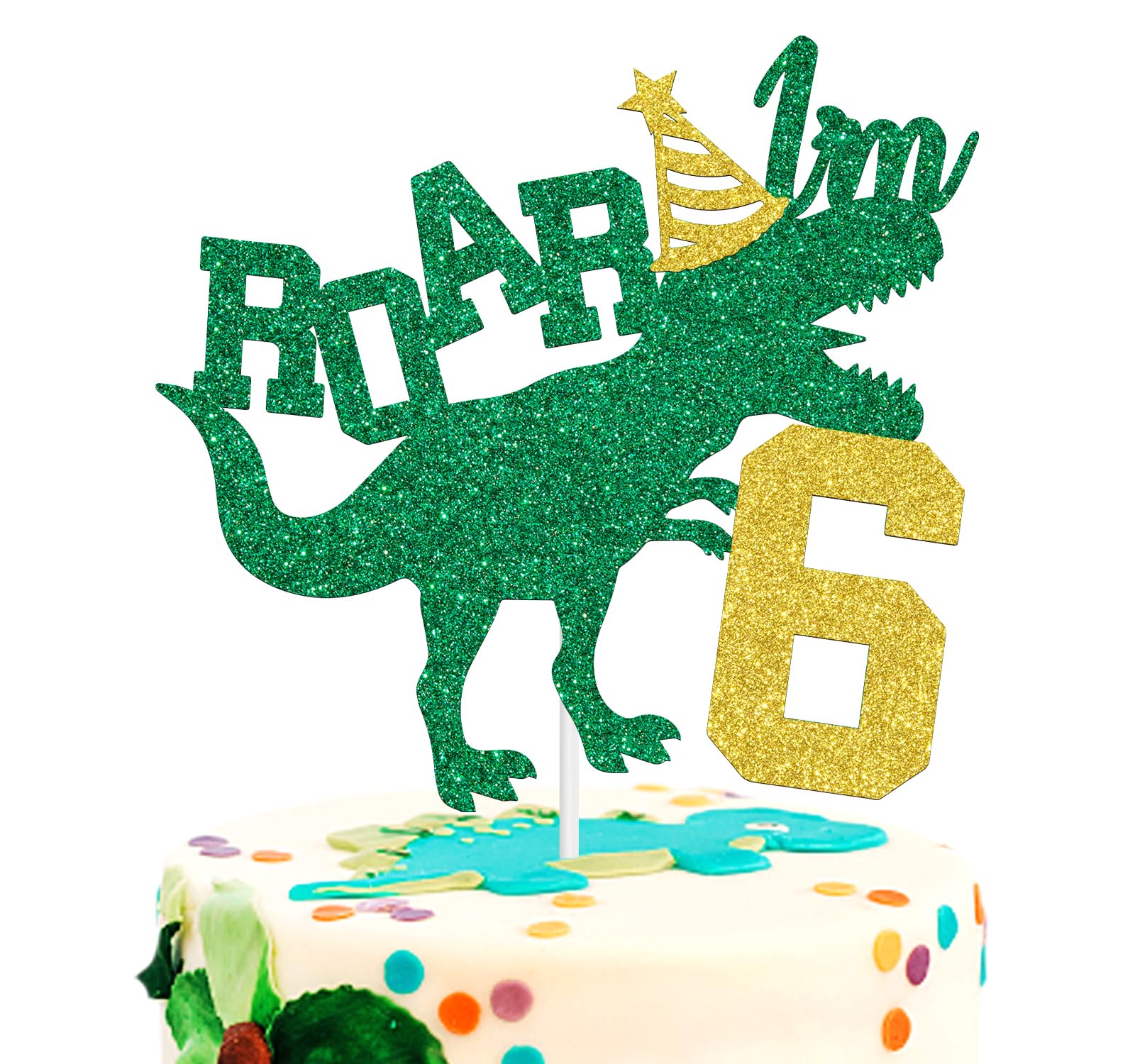 Roar I'm 6 Cake Topper, Dinosaur Jungle Safari Cake Topper for Boys Girls, Happy 6th Birthday Party Decorations Supplies for Kids, Gold and Green Glitter