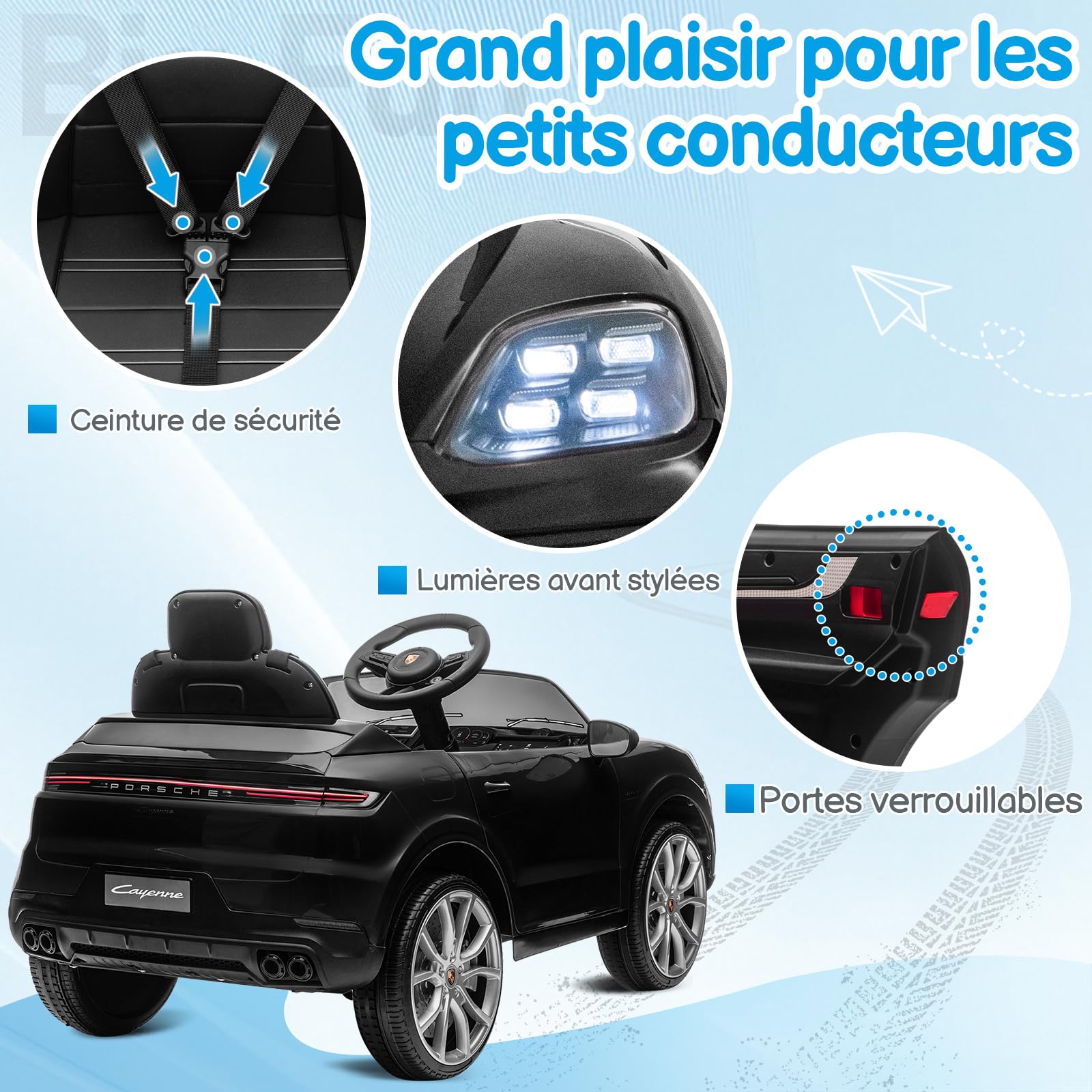 LALAHO Porsche Cayenne Enfant 12V Noir télécommande parentale lumières