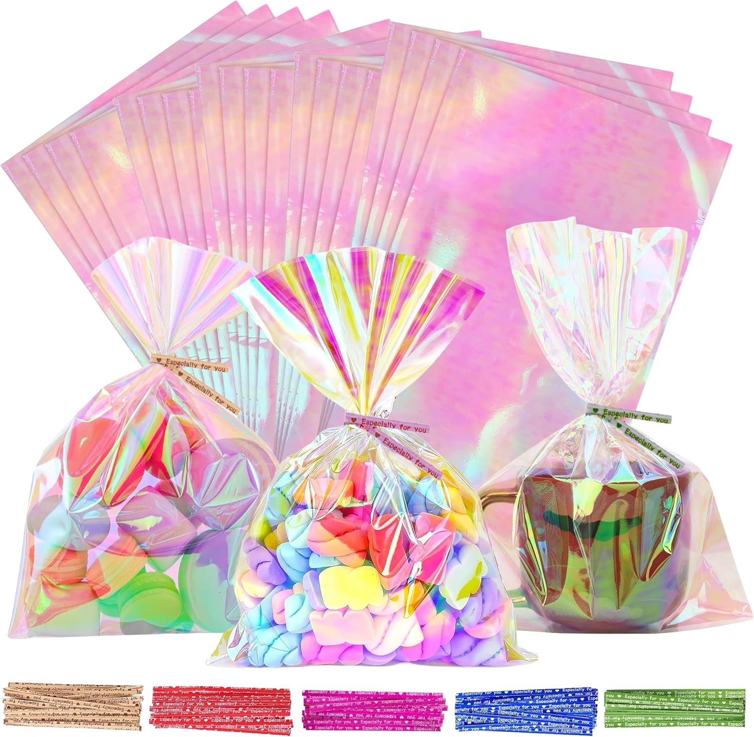 120PCS Iridescent Cellophane Treat Bags with Ties, 5x7 Inch Clear Candy Gift Bags for Party Favors, Wedding Gift Wrapping, Gift Goodie Bag for Candies, Cookies