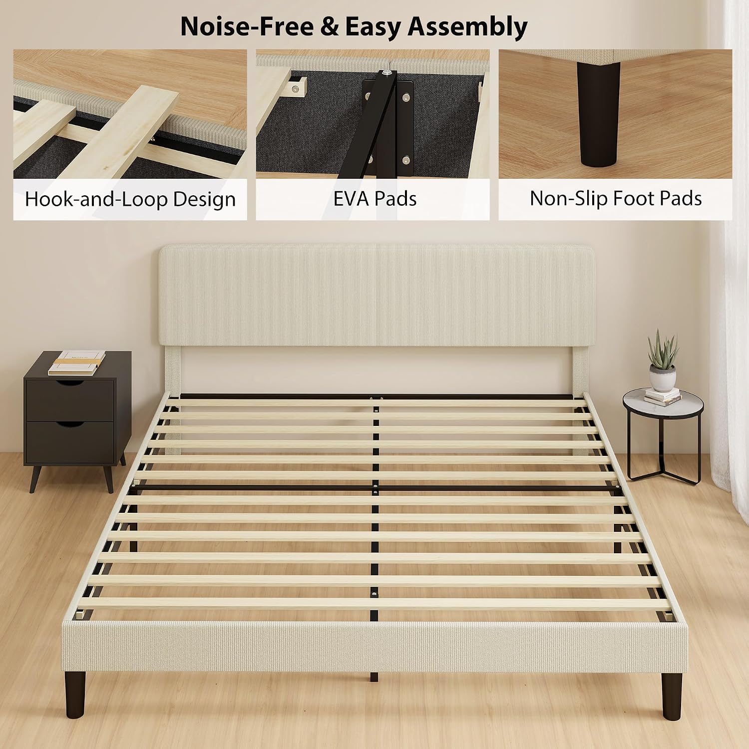 Diagram showing hook-and-loop slat design, EVA pads, and non-slip foot pads for noise-free and easy assembly