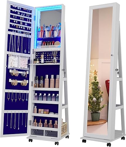 HNEBC Armario giratorio de 360 con luces, armario de joyería con espejo con cerradura, espejo de pie de longitud completa con almacenamiento de