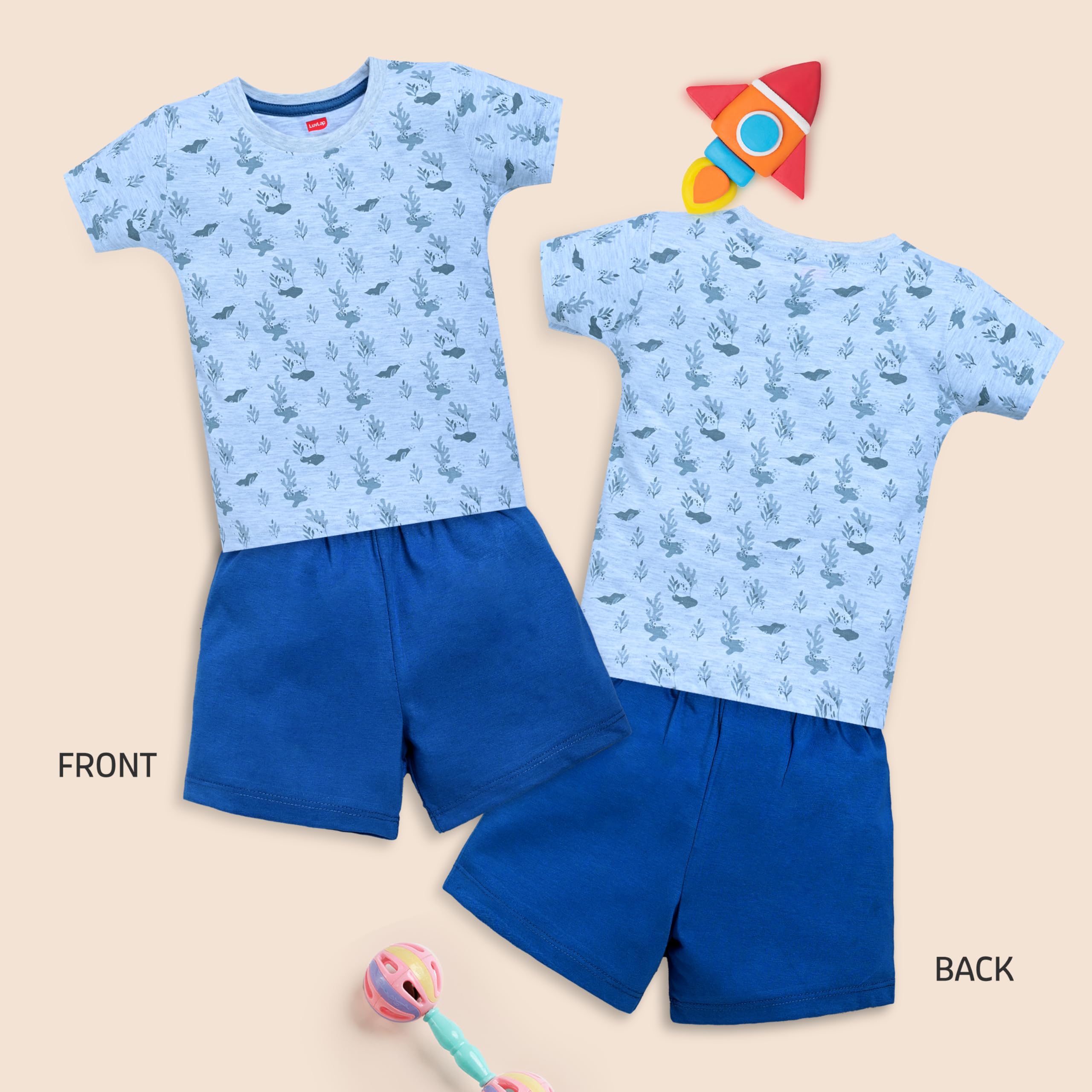 LuvLap Baby Boys Printed Regular Fit 100% Cotton Half Sleeves Boys T-Shirts And & Shorts Sets Pack Of 3,Royal Blue,White & Grey Melange,Xl (12 To 18 Months) - Image 3 thumbnail