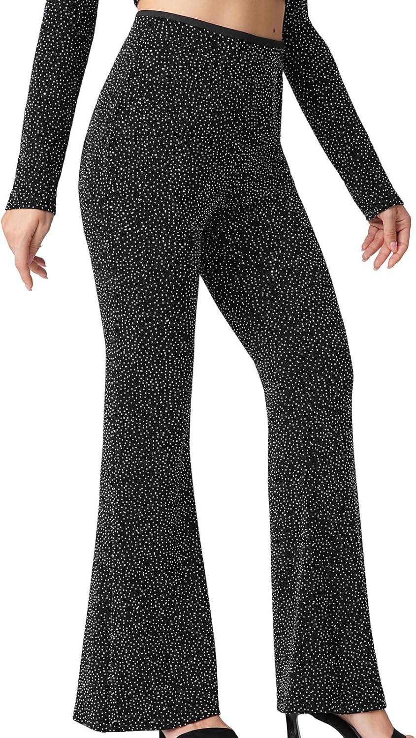 Women's Rhinestone High Waisted Bell-Bottoms with Sequin and Elastic Flared Pants 70s Disco Party Club Pants - Image 2
