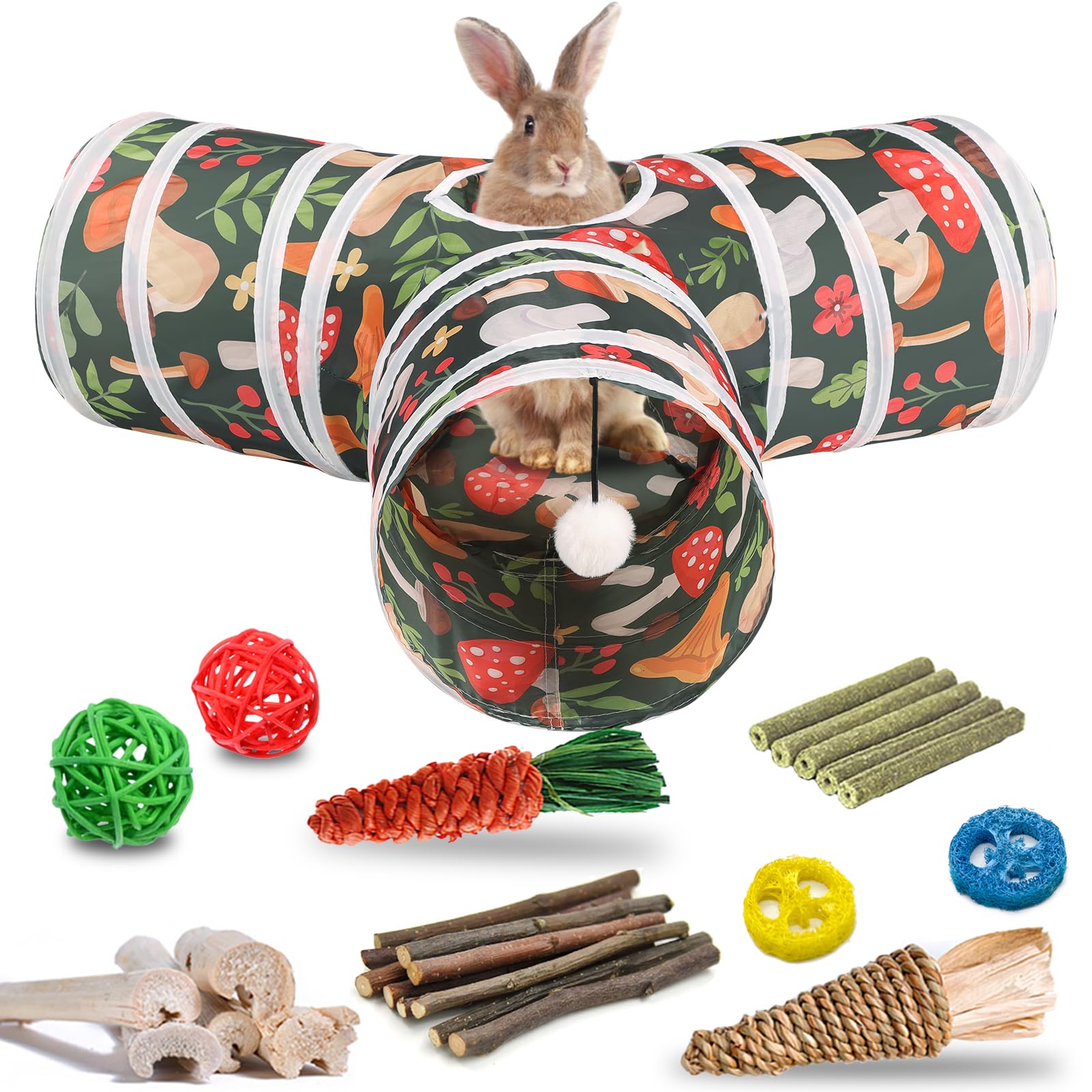 HERCOCCI Rabbit Toys, Bunny Tunnel & Tube, Collapsible 3 Way Rabbit Hideout Tunnel with Chew Toy for Bunny Guinea Pig Ferret Kitten