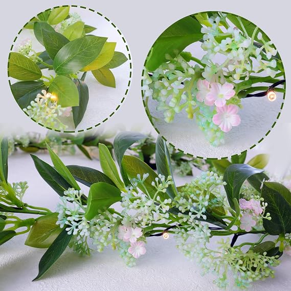 Greenery Garland for Mantle with Lights Battery Operated Vine Garland with Timer, Spring Summer Wedding Holiday Decor