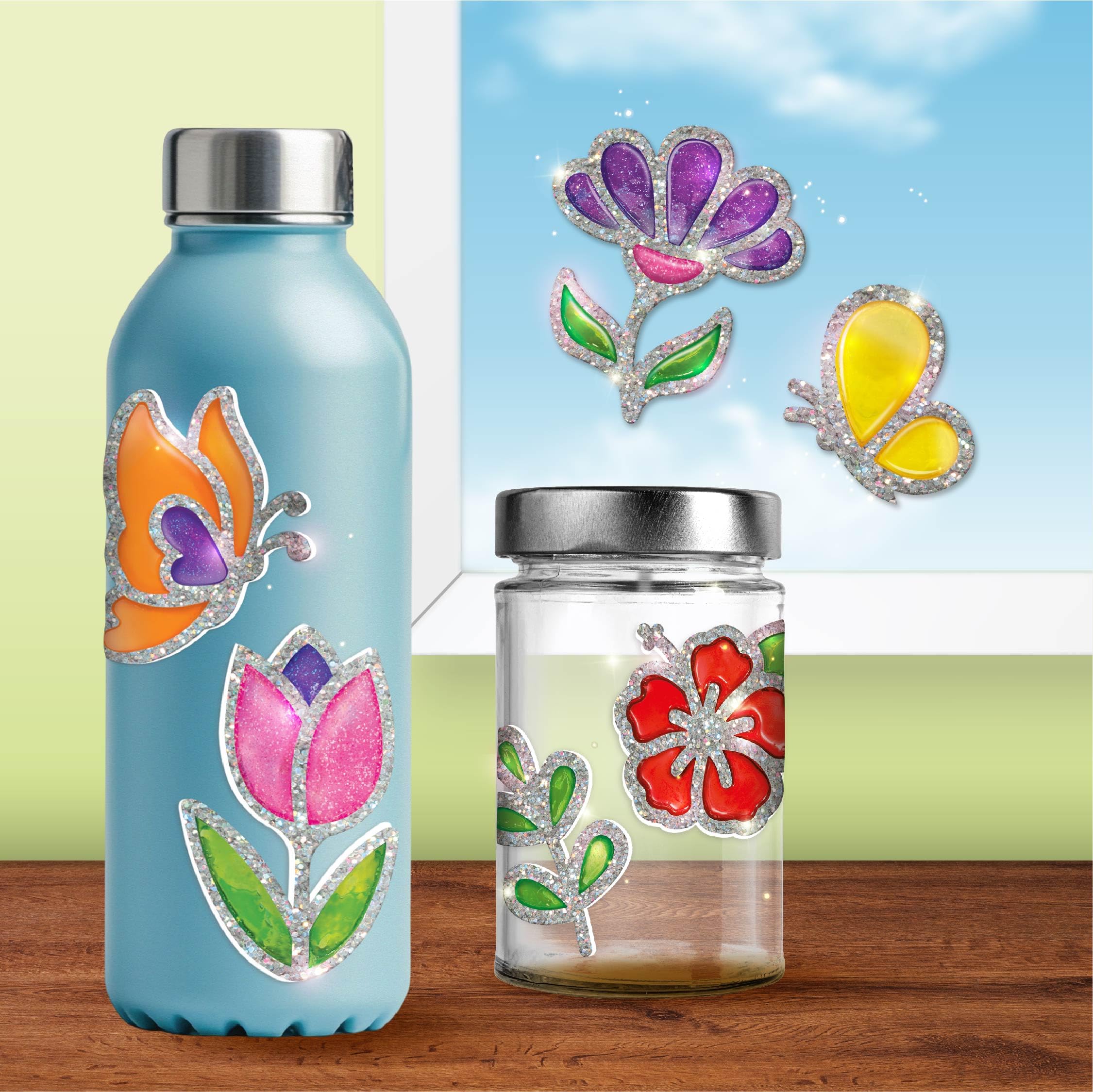 Imagimake DIY Jelly Stickers – Flowers & Butterflies | 3D Gel Stickers Craft Kit for Kids | Window, Bottle & Mug Decoration | Non-Toxic Glass Paints | Age 3+ 4