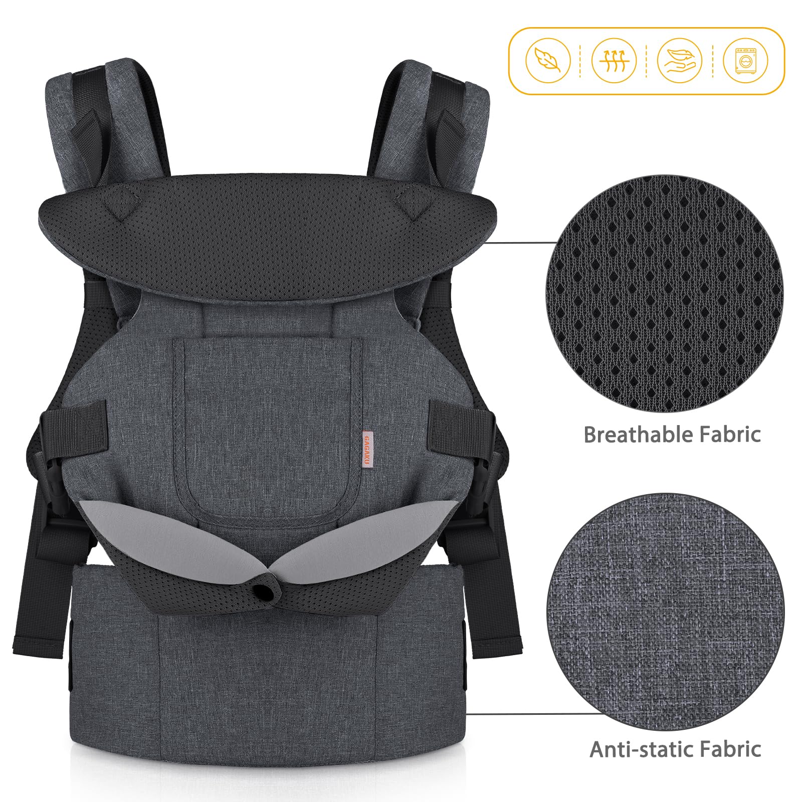 GAGAKU Mochila Portabebés Porta Bebes 0-36 meses Advanced 4 in 1 con Porteo Bebe Ergonómica Fácil de llevar con posibilidad de llevar al niño mirando hacia adelante y hacia atrás-Negro Gris Oscuro — view 5
