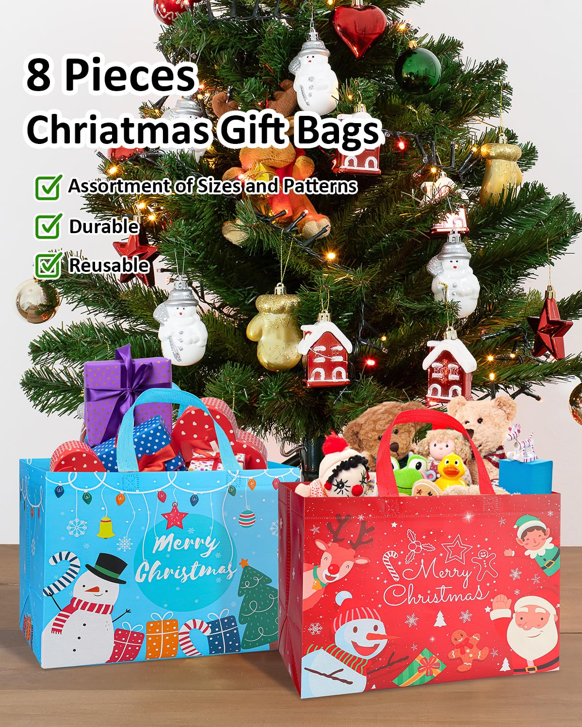 Bolsas de regalo de Navidad, 8 bolsas de Navidad con asas, bolsa de regalo de Navidad reutilizable para envolver regalos, bolsas de compras de Navidad no tejidas resistentes, bolsas de recuerdos de