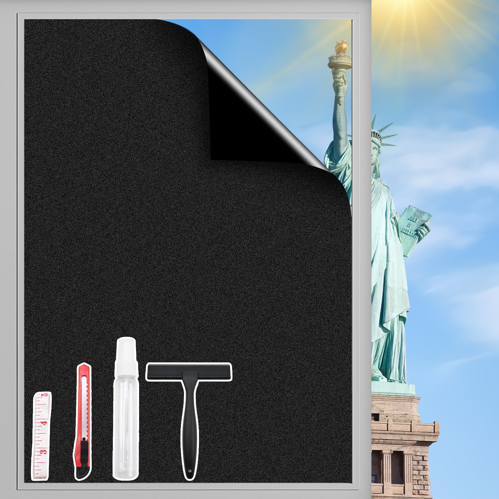 Total Blackout Window Film 100% Light Blocking, Blackout Window Film Room Darkening Privacy, Black Out for Window Static Cling Tint, Heat Control Anti UV with 4 Tools(Black-45.27Inch×196.9Inch)