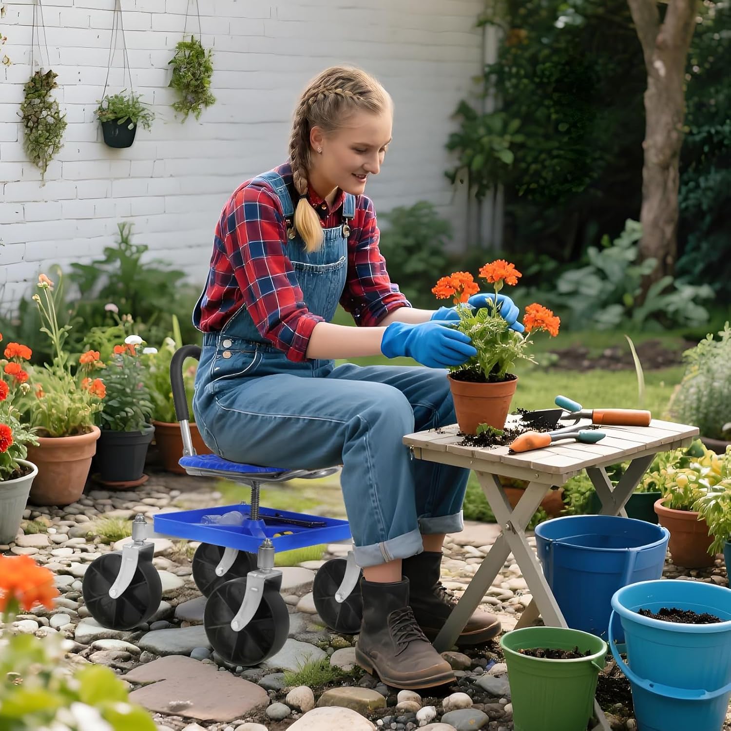 Rolling Garden Work Seat with Wheels, Height Adjustable Rolling Garden Cart, 360 Degree Swivel Gardening Stool with Tool Tray, Rolling Work Seat for Gardeners Elderly Seniors Blue