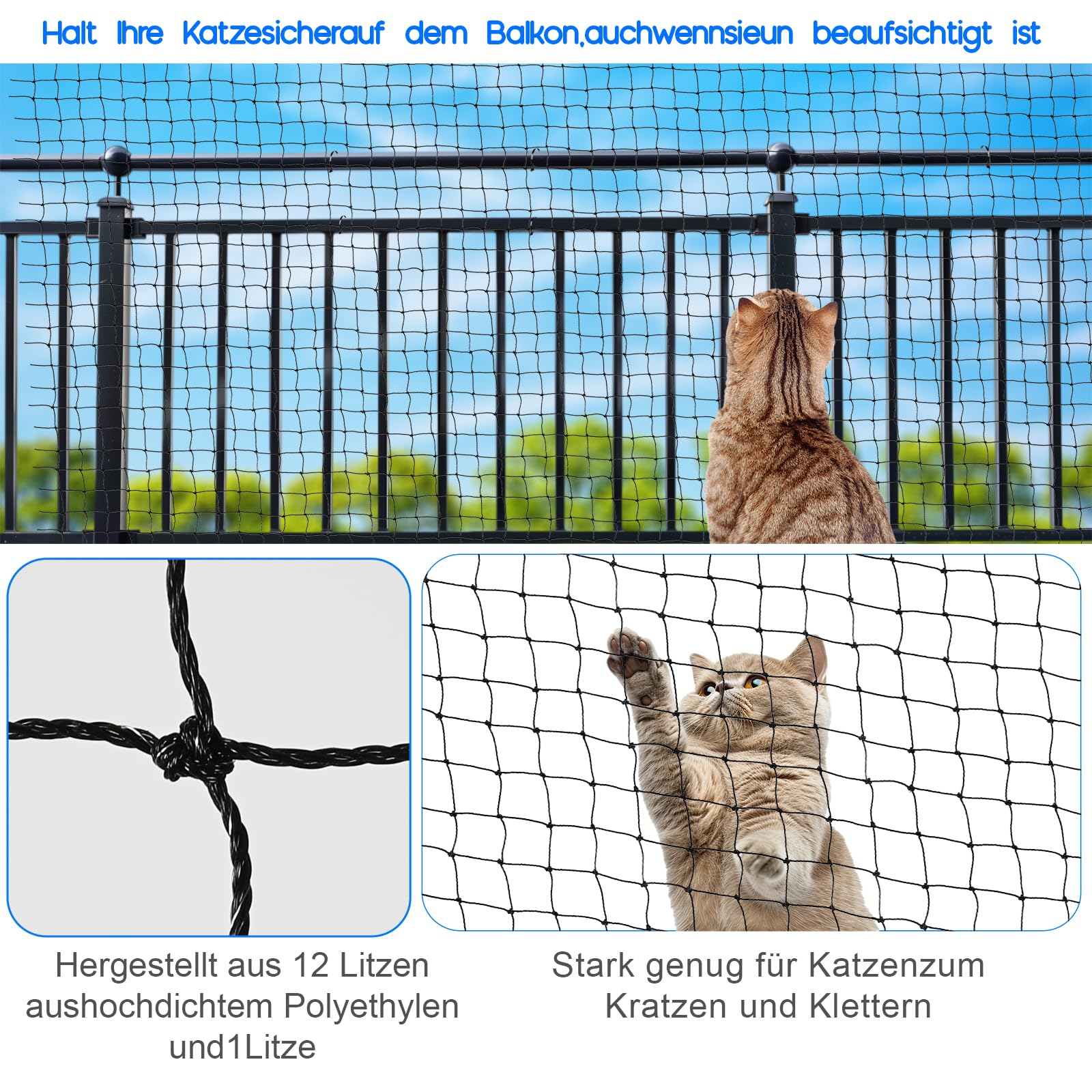 OFFOF Red para gatos para balcón, red de protección para gatos reforzada con alambre, resistente a mordeduras y desgarros, resistente a los rayos UV, resistente a la intemperie, ideal para ventanas