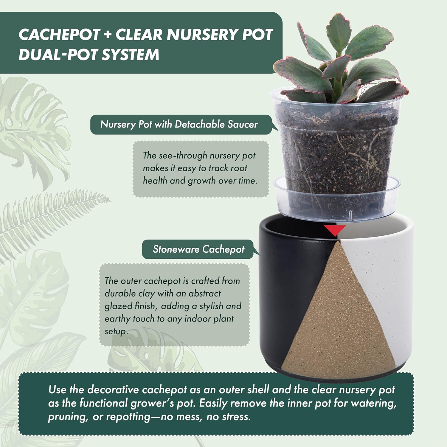 D'vine Dev 4.5" Stoneware Cachepot Planter with 4" Clear Nursery Pot & Detachable Saucer – Indoor Plant Pot with Drainage for Bottom Watering & Root Visibility, Midnight Mesa, Set of 2, 93-V-B-2