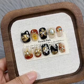 Chinese Style Artisan Press on Nails Short Square with Kit,Oriental Relief Copper Fake Nails with Designs Hand-Carved Florals & Pearl Inlay,10Pcs Luxe Autumn bronze Glue on Nails for Women(M)