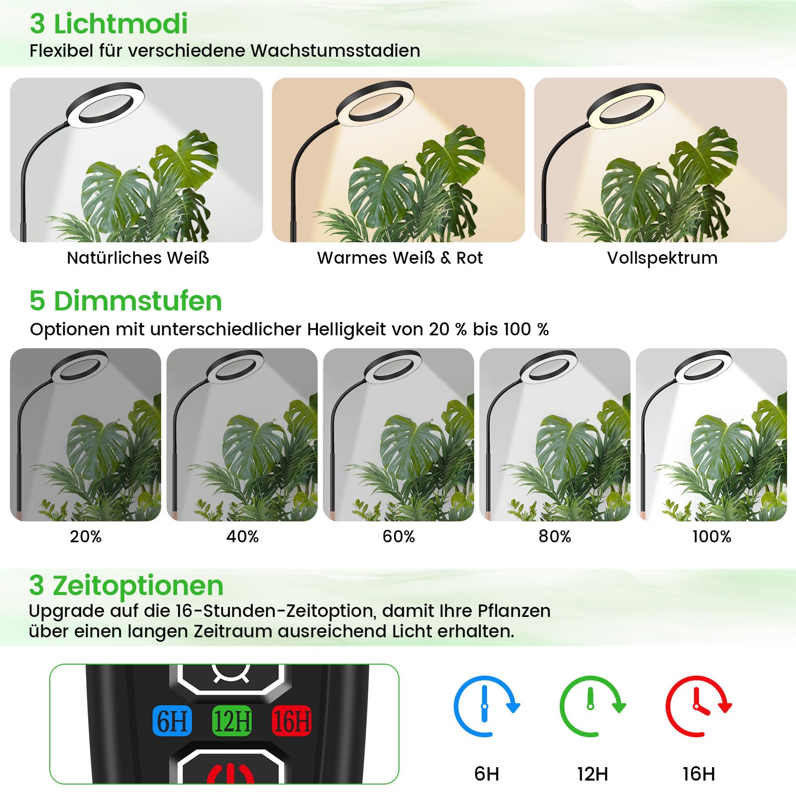 Dhapy Pflanzenlampe LED Vollspektrum, Grow Lampe für Zimmerpflanzen, Grow Light mit Standfuß, 80 LEDs 3 Lichter Modi und 5 Helligkeit, Pflanzenlampe mit Timer 6/12/16H, 58cm~170cm Höhenverstellbar