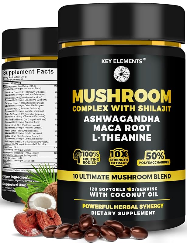 KEY ELEMENTS Complexo de Cogumelos com Ashwagandha, L-Teanina, Shilajit e Óleo de Coco, 120 cápsulas gelatinosas