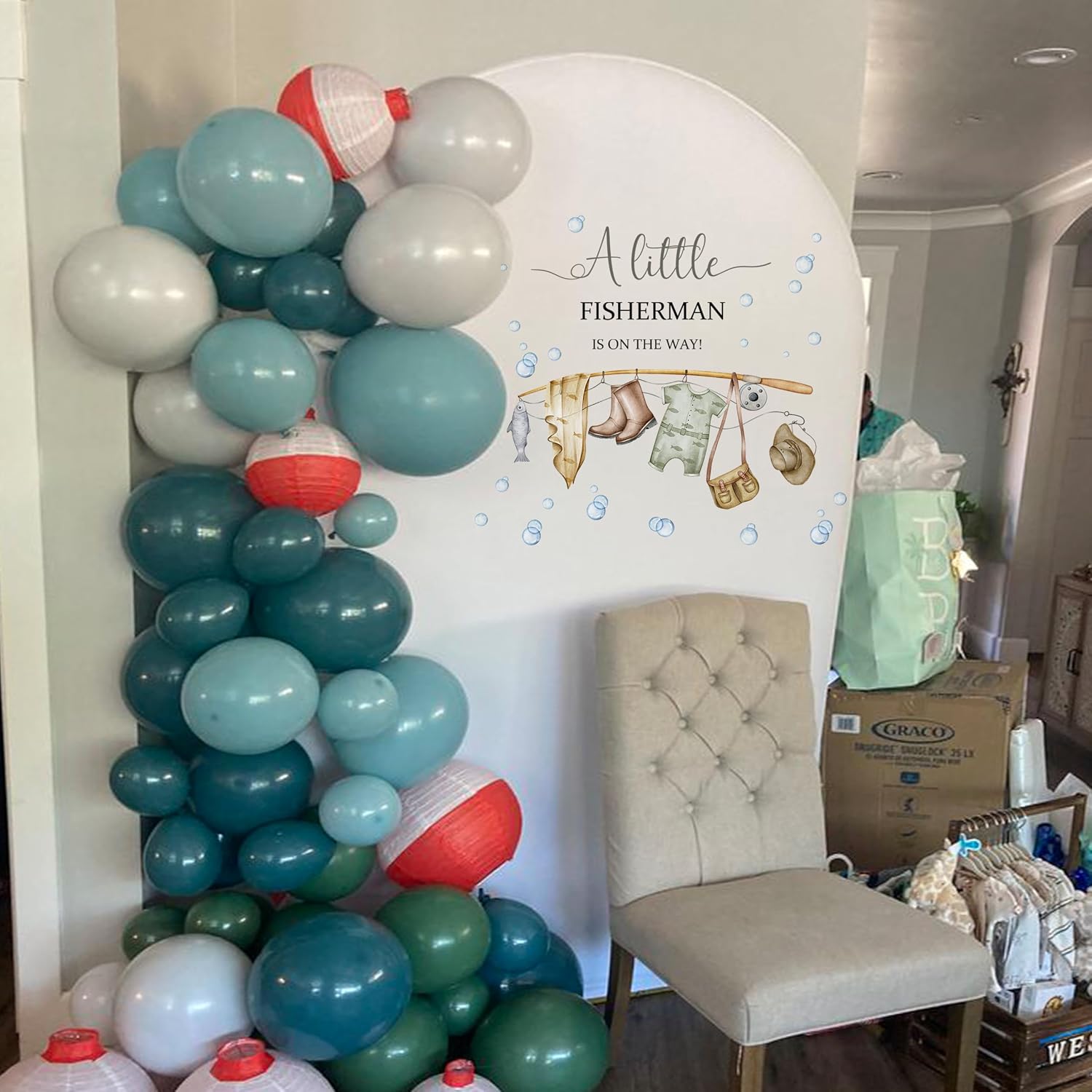 A Little Fisherman is on The Way Decal | Fishing Baby Shower Decorations｜Gone Fishing Baby Shower Party Balloon Arch Stickers for Boys