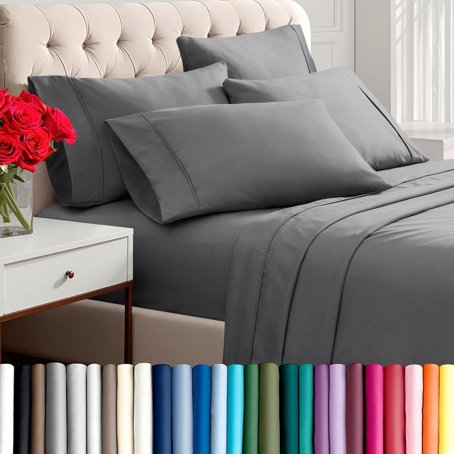 Bare Home Hotel Luxury King Sheet Set, Extra Soft - 6 Piece Set - Deep Pockets - Easy Fit - Cooling & Breathable - Wrinkle, Fade, Stain Resistant - Includes 4 Pillowcases (King, Grey)