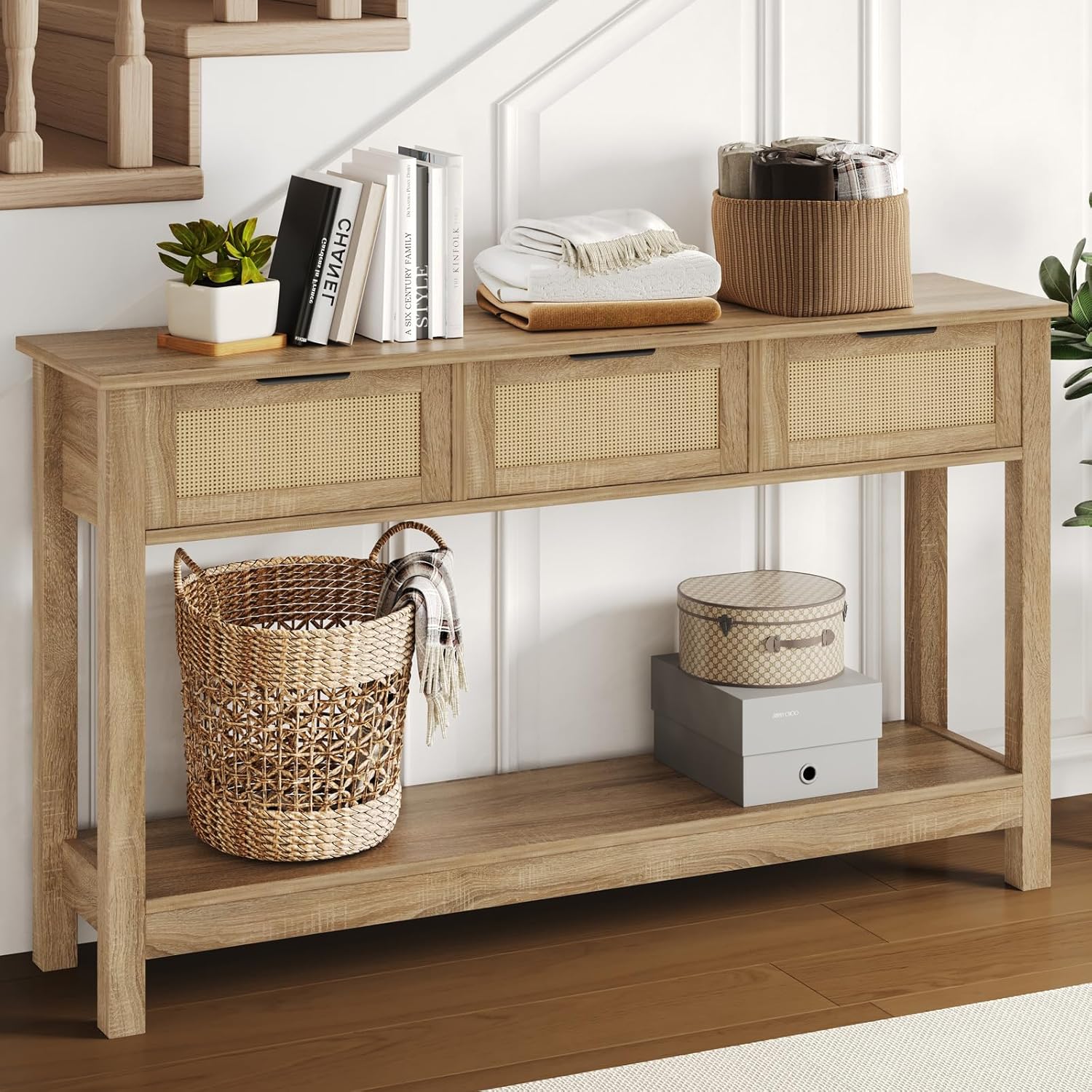 luoxiao rattan console table boho entryway table with 3 drawers storage, narrow long behind couch sofa table for living room side table entry way table entrance hallway foyer, natural, 47 inch natural wood bohemian