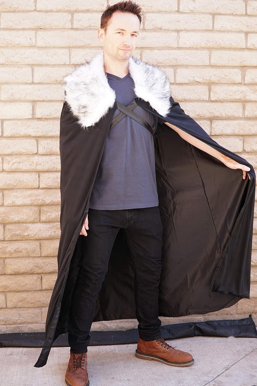 Viking Lord Halloween Costume - Cloak Cape of Fur Adult Men Womens Vikings Sword Brown Cosplay Game, Grey, Large - Image 4