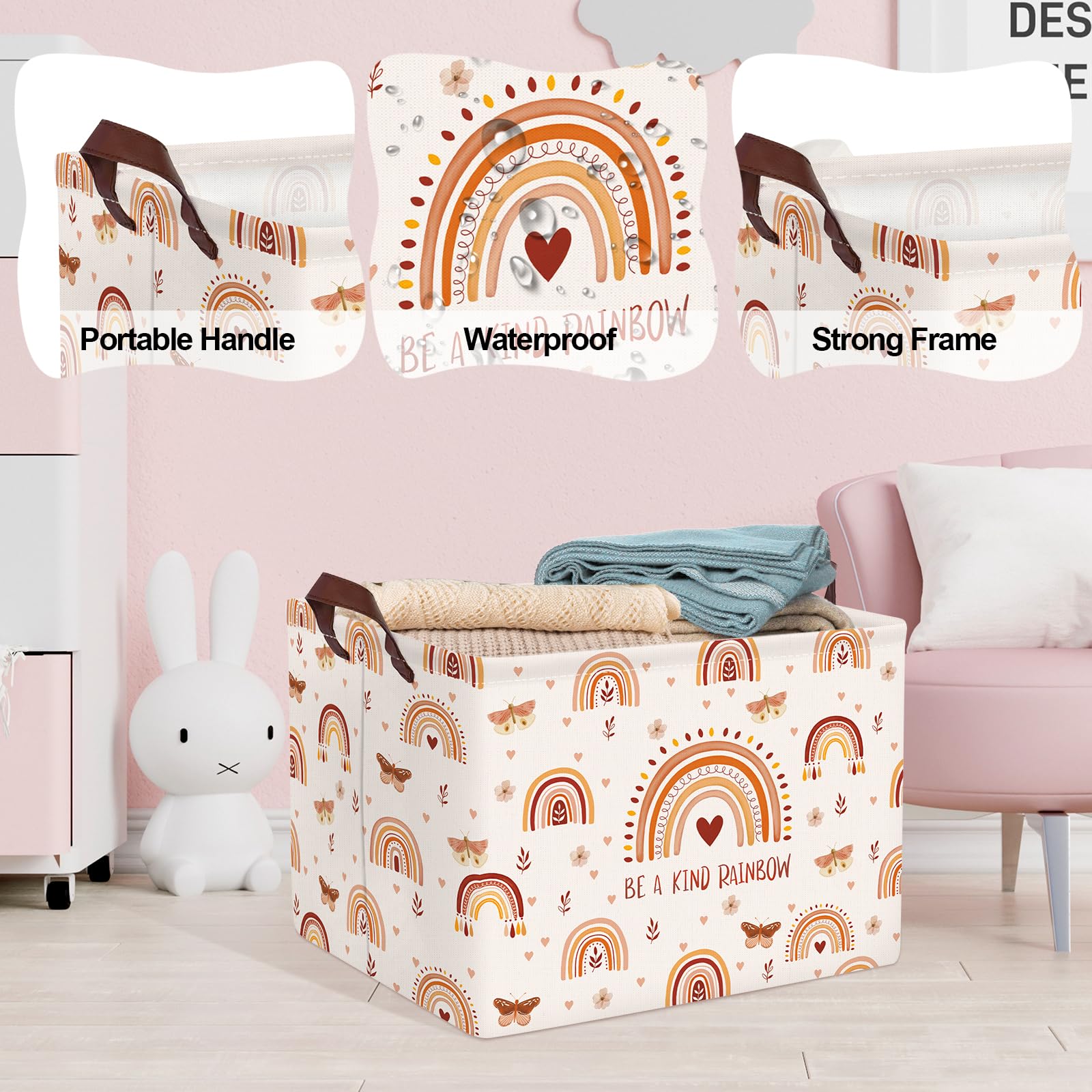 Clastyle Cajas de Almacenaje Rosa Cubo Arco Iris Mariposa Flores Boho Cesta para Guardar Ropa Juguetes Libro Rectangular para Habitación Infantil, 36L