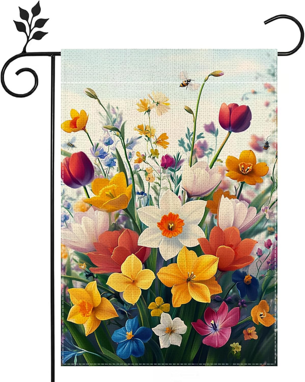Spring Daffodils Tulip Flower Garden Flag for Outside Summer Bee Colorful Floral Yard Flag Double Sided Burlap Farmhouse Outdoor Home Decorations 12x18 Inch