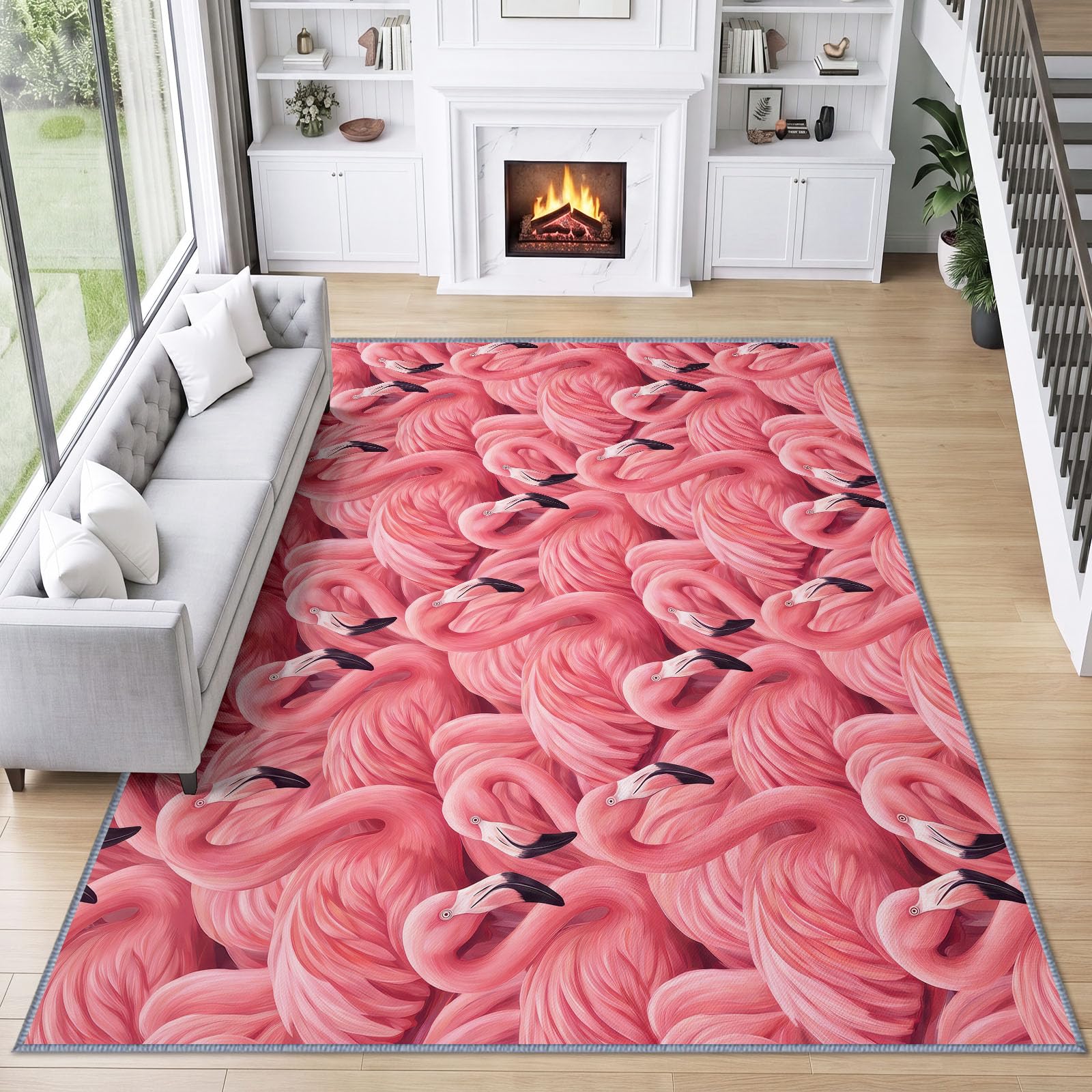Generisch Tappeto con fenicotteri e animali, per soggiorno, camera da letto, studio, ufficio, stile tropicale, facile da pulire, resistente, 160 x 230 cm