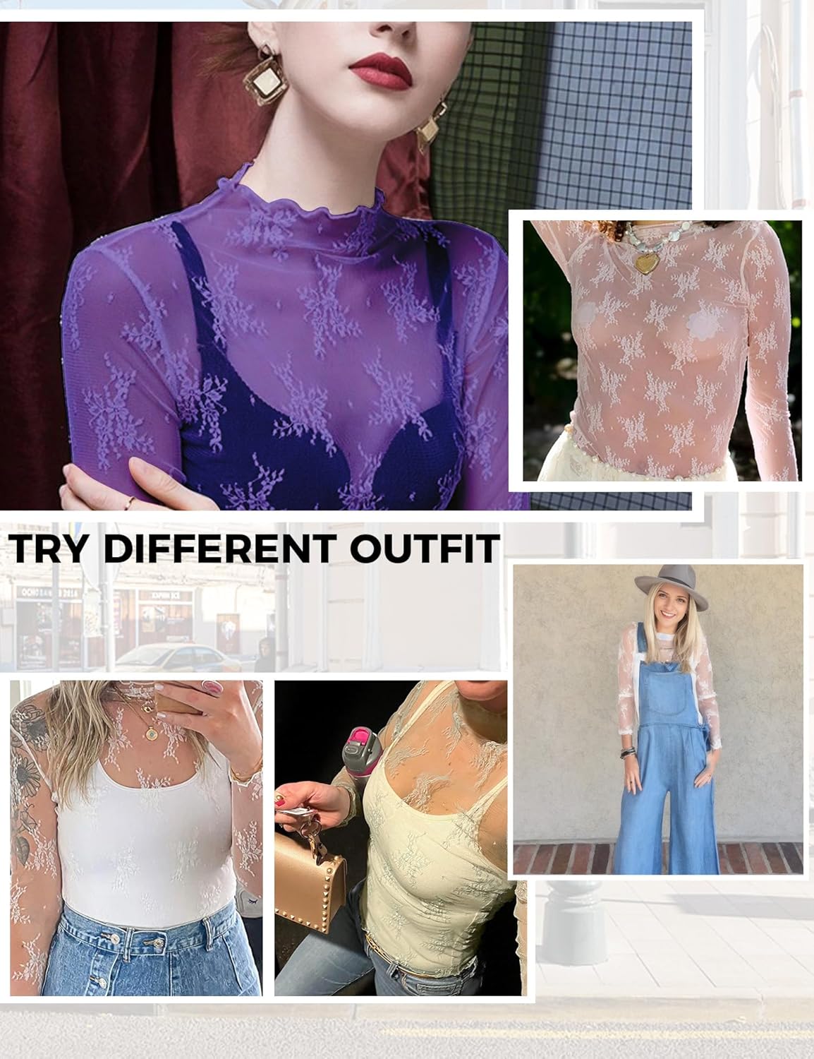 Buauty Mesh Long Sleeve Top for Women, Lace Sheer Tops See Through Mock Neck Floral Embroidery Sheer Blouce Fishnet Shirt - Image 6