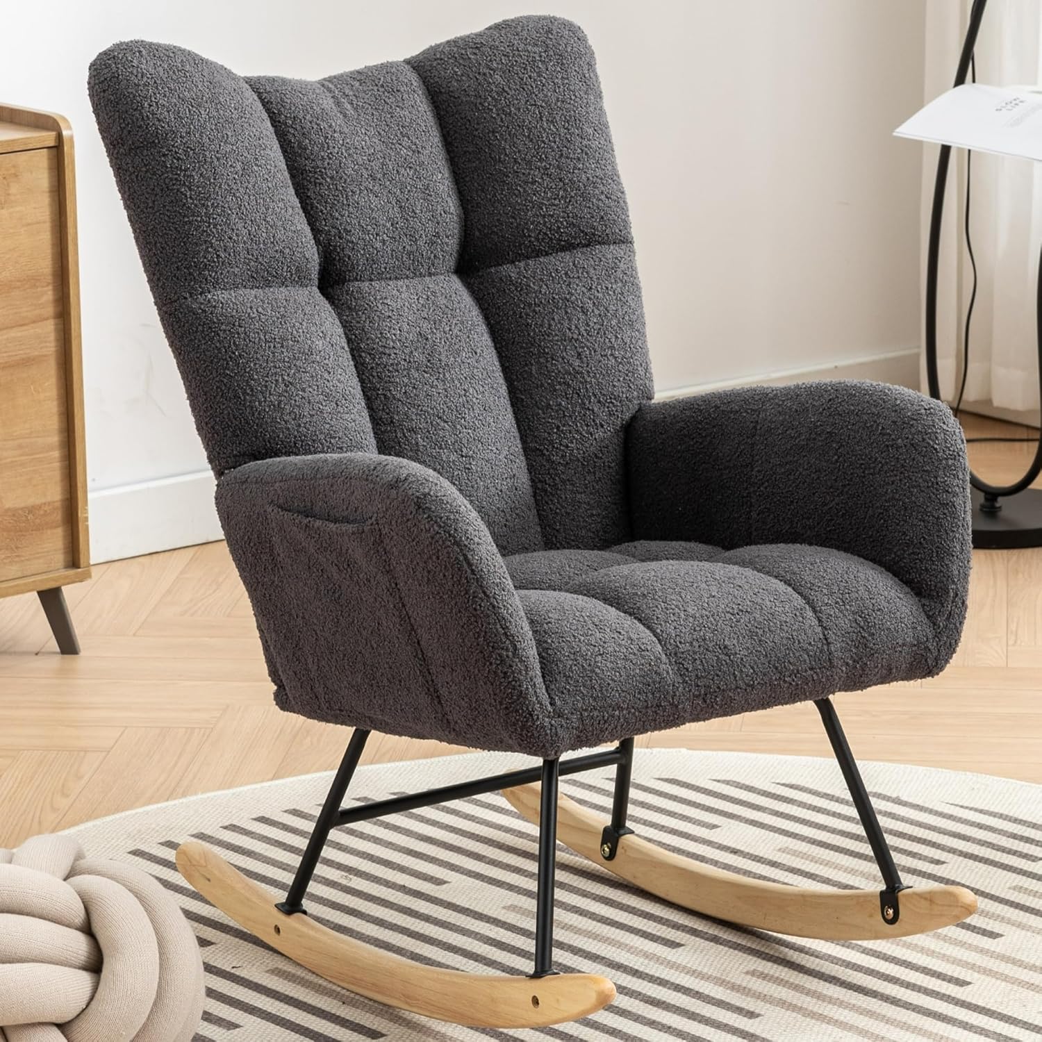 Rocking Chair Nursery, Teddy Upholstered Glider Rocker with High Backrest, Reading Chair Modern Rocking Accent Chairs Glider Recliner for Living Room, Nursery, Bedroom,Gray, Grey