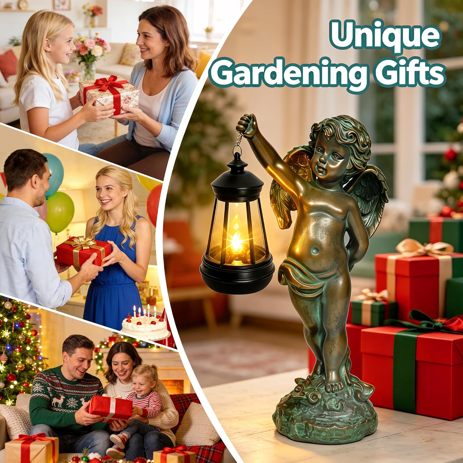 Solar Angel Garden Statues, Outdoor Angel Solar Hanging Lights Waterproof, Birthday Gifts for Mom Women Mother's Day, Cupid Boy Garden Figurines for Yard Decor Patio Porch Lawn Ornaments
