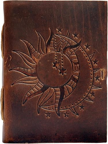 Miniatura 5 de CREATIVE LEATHER ART Sun Moon Emboss - Cuaderno de bocetos de cuero vintage con diseño de líneas marrones, 7 x 5 pulgadas, 240 páginas