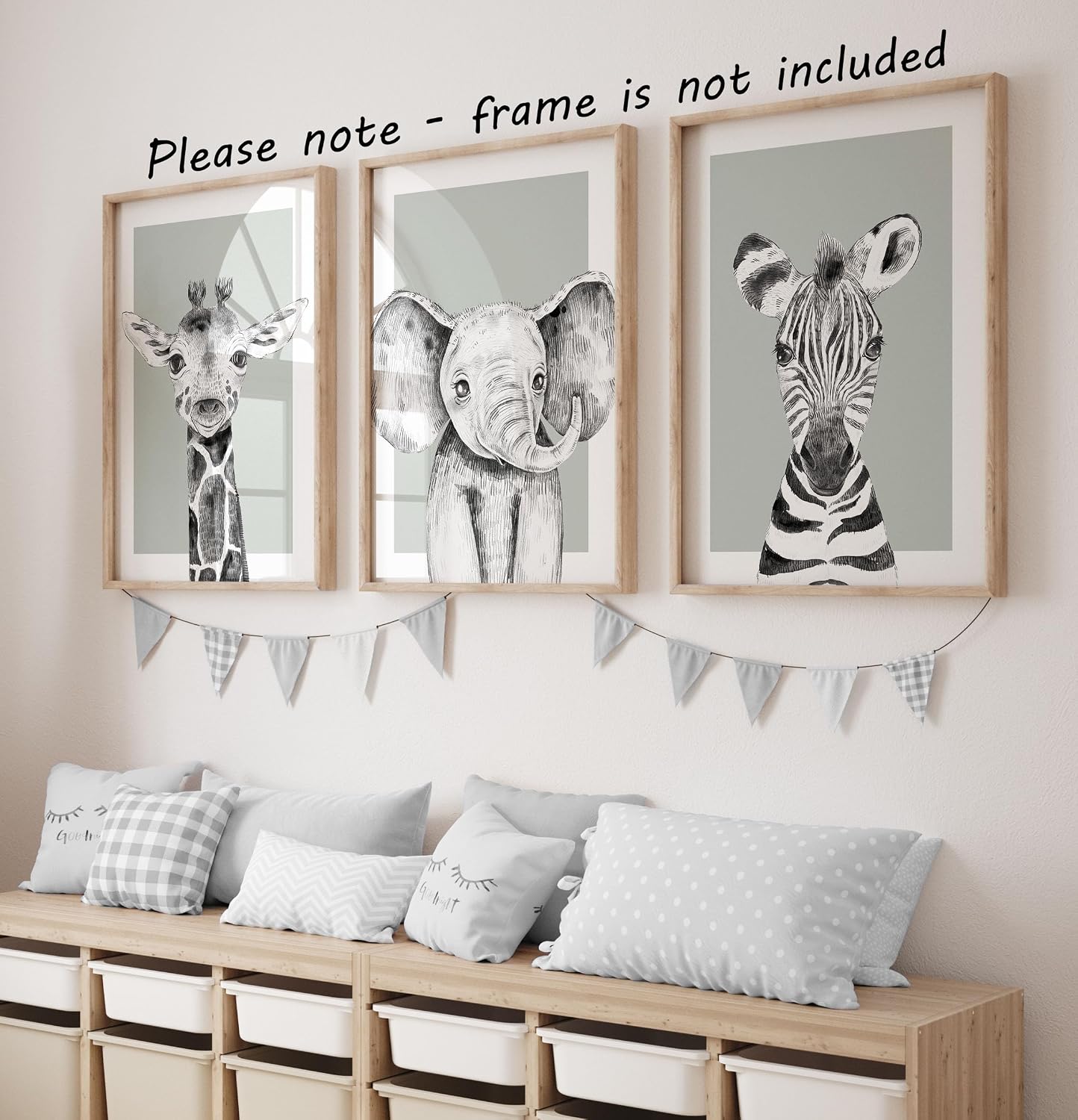 Safari Animals Baby Girl Boy Set of 3 Nursery Unframed Prints, Bedroom Decor Wall Art Posters, Black and White Elephant Giraffe Zebra, Green Background (11x14)