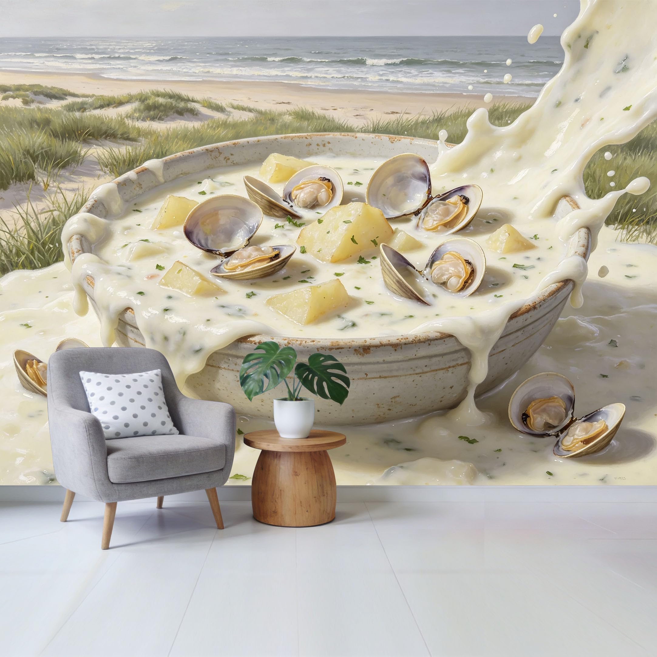 Qzlithotic Yq2605251198 Custom Size Wall Mural Coastal Clam Chowder Soup Ocean Landscape Oil Painting Selfadhesive Wall Fabric Removable Wallpaper For Home Office Decor