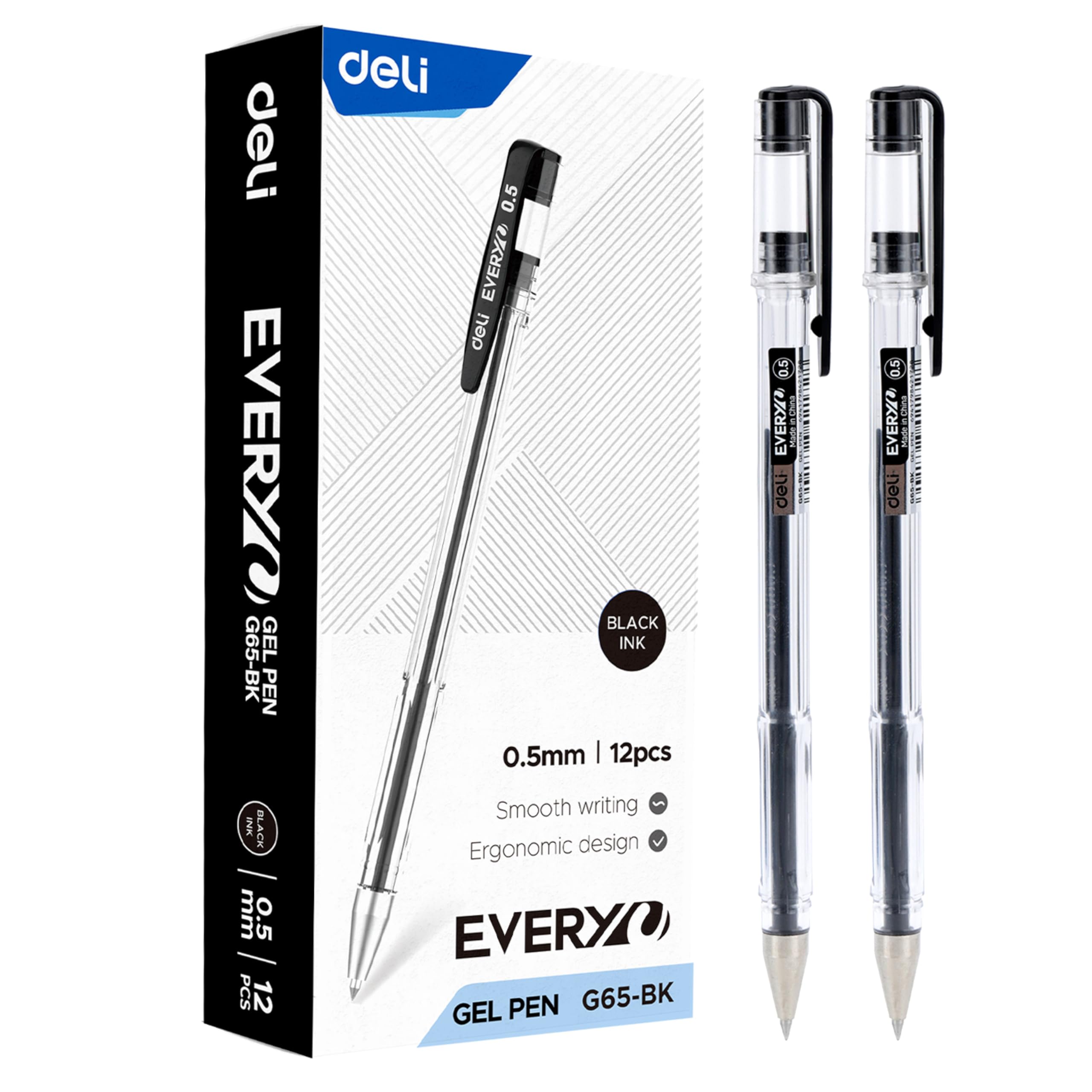 deli 0.5mm Black Gel Pens for Writing - 12 Pack Fine Tip Black Ink Pens - Smooth Flow Gel Ink Pens for School, Office & Exams - Black Writing Pens Multipack โ image 1