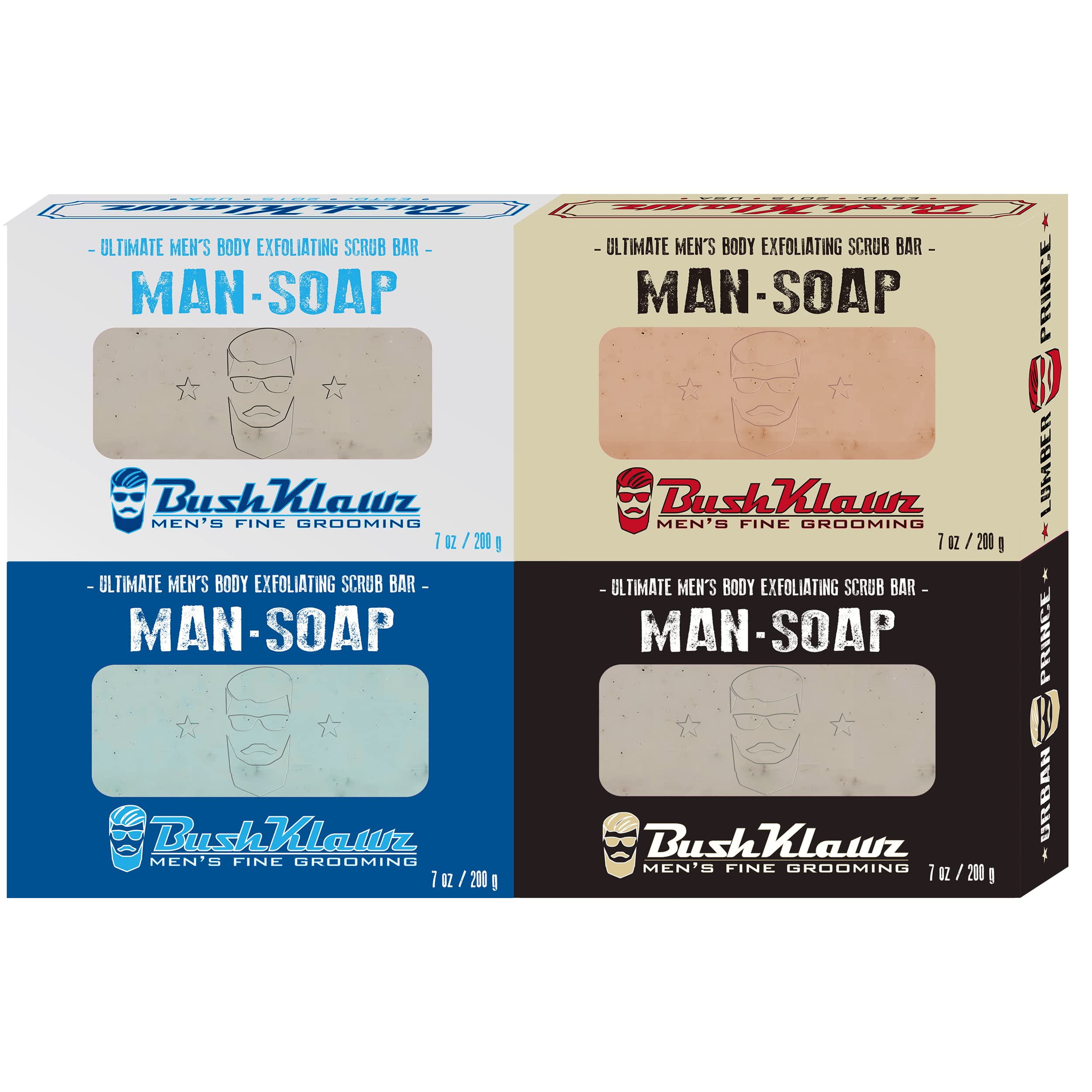 BushKlawz Exfoliating BIG BRICK MAN SOAP- Deep Clean Your Skin, Remove Dead Cells, and Moisturize with Natural Oils - 200g / VARIETY 4 PACK