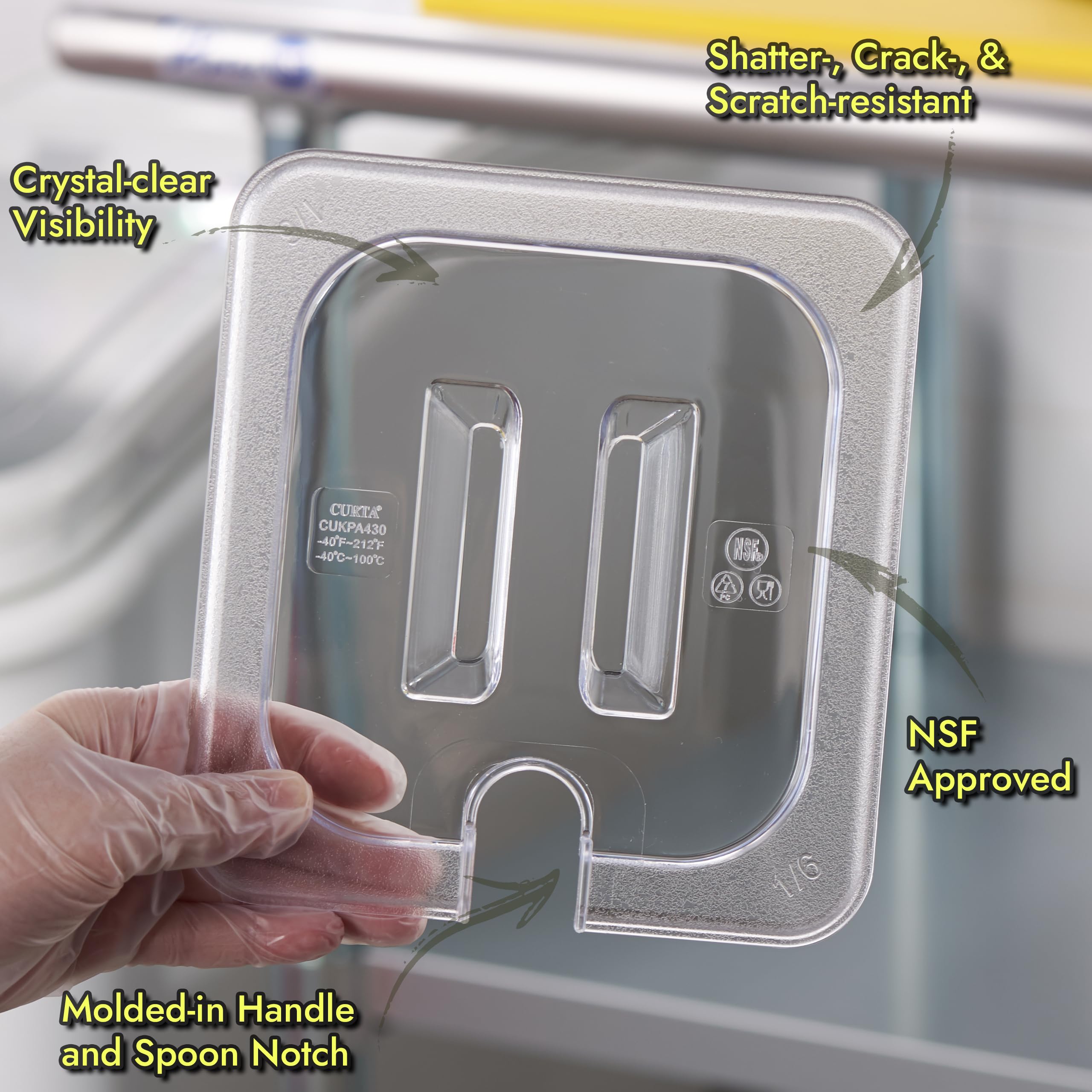 CURTA Paquete de 6 sartenes de policarbonato NSF de 1/3 de tamaño de 4 pulgadas de profundidad con tapa con muescas y bandeja de drenaje, recipiente transparente apto para lavavajillas y congelador