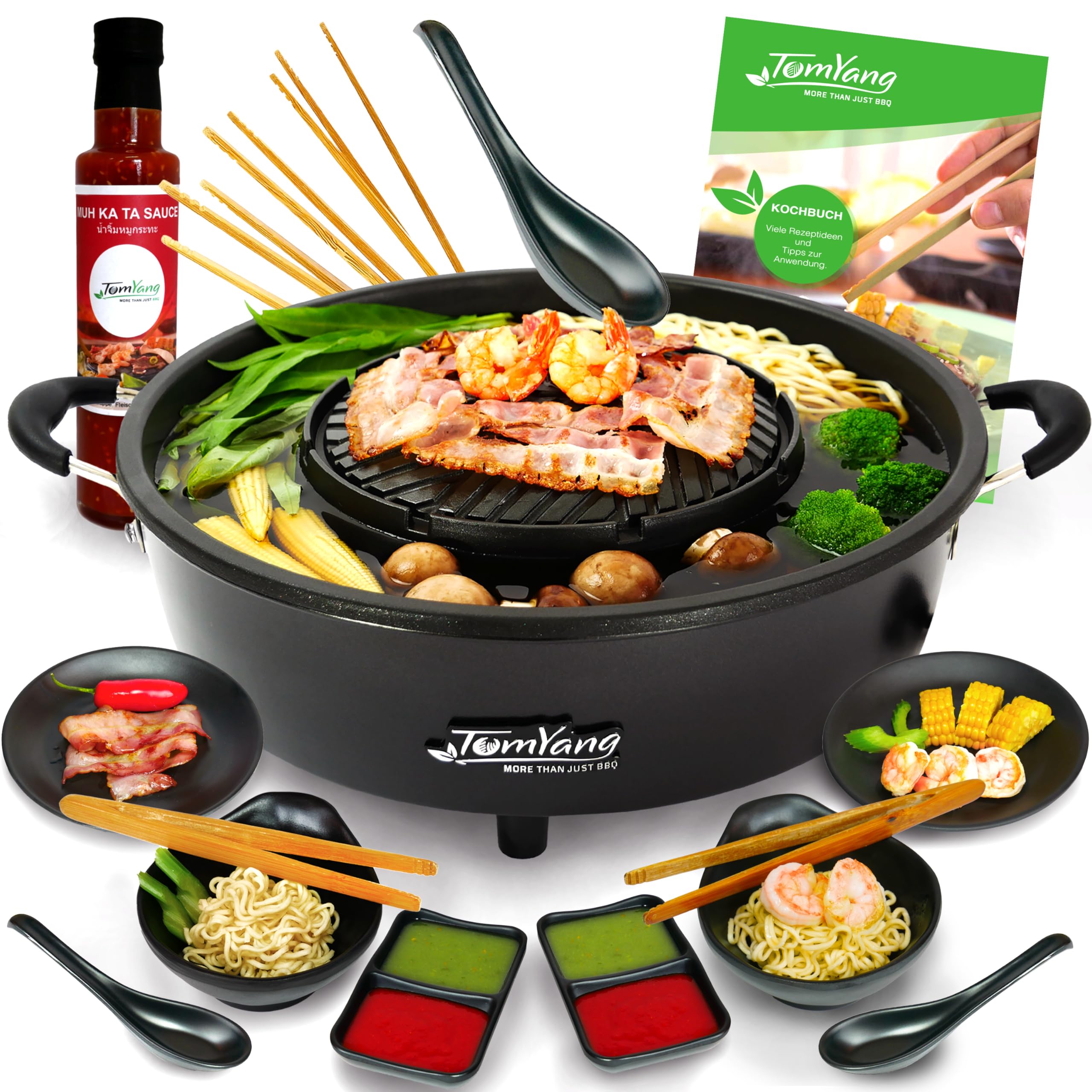 TomYang Hot Pot Elektrisch Professional Set inkl. Kochbuch für den Original Thai Grill, 10-TLG. Geschirr-Set & Thai BBQ Sauce, 6 Grillzangen, Korean BBQ Grill