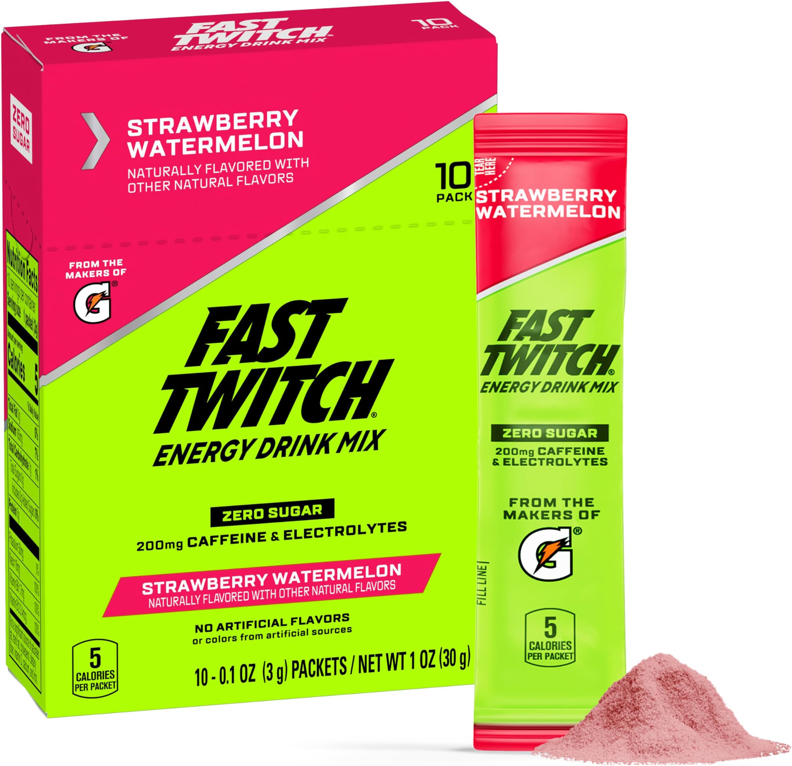 Energy Drink Mix from Gatorade Powder Sticks, Strawberry Watermelon, 0.08oz Packets, 10 Pack, Zero Sugar, Electrolytes, Caffeine