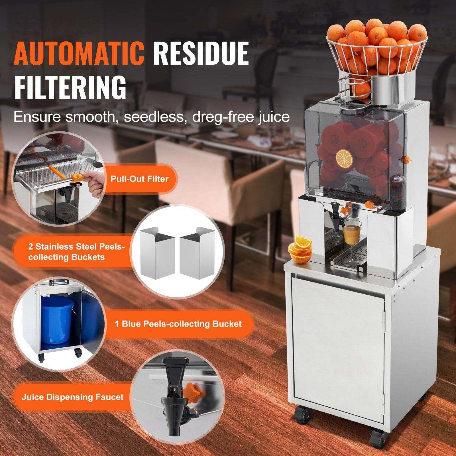 Extracteur automatique de jus d'orange commercial avec robinet d'eau, machine en acier inoxydable, boîte de filtre extractible de 25 oranges/minute, couvercle en PC, 3 seaux de collecte de pelures