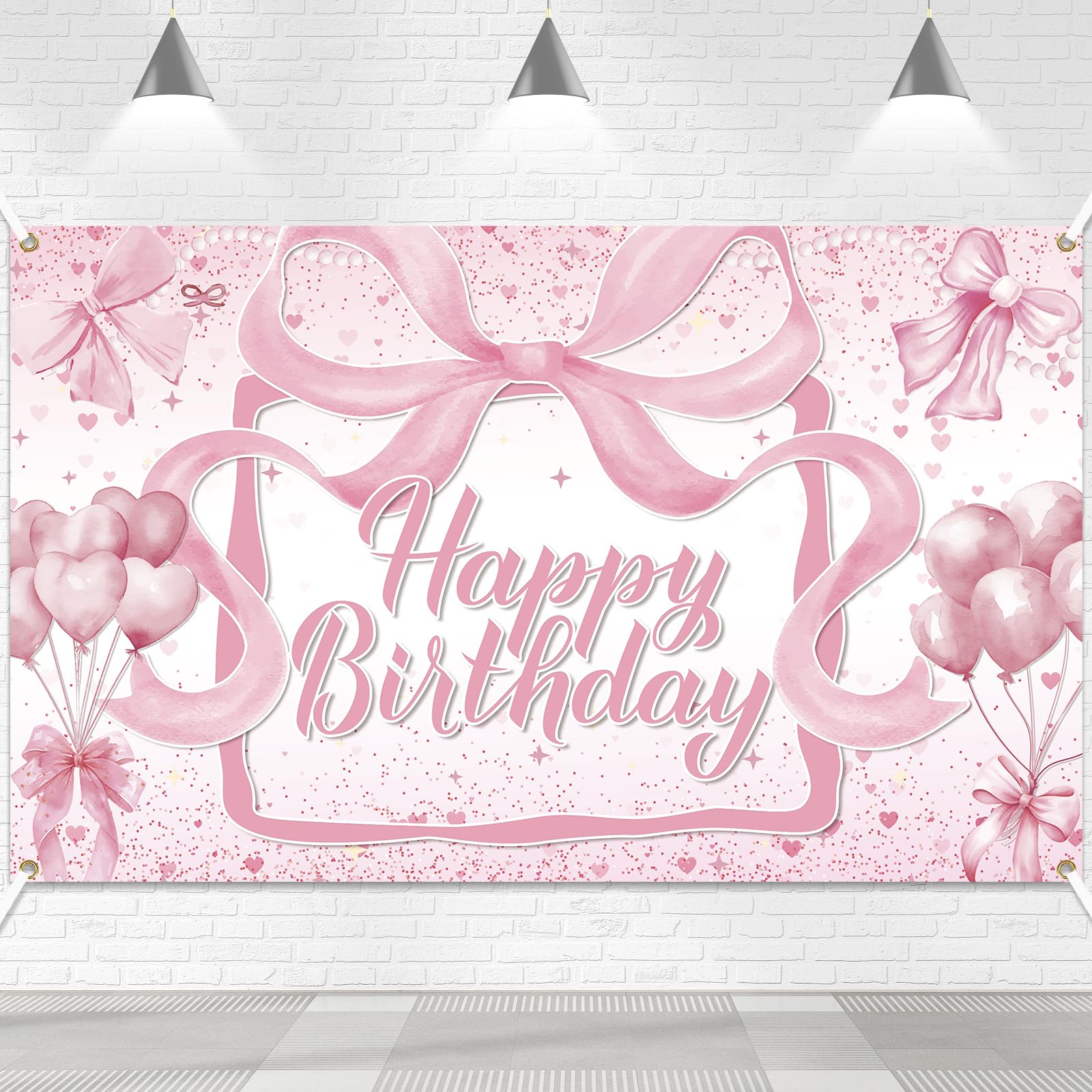 YTHETM Bow Birthday Party Decorations Pink Bow Happy Birthday Backdrop Pink Birthday Decorations for Girls Women Birthday Party Supplies (6 x 3.6 Ft)