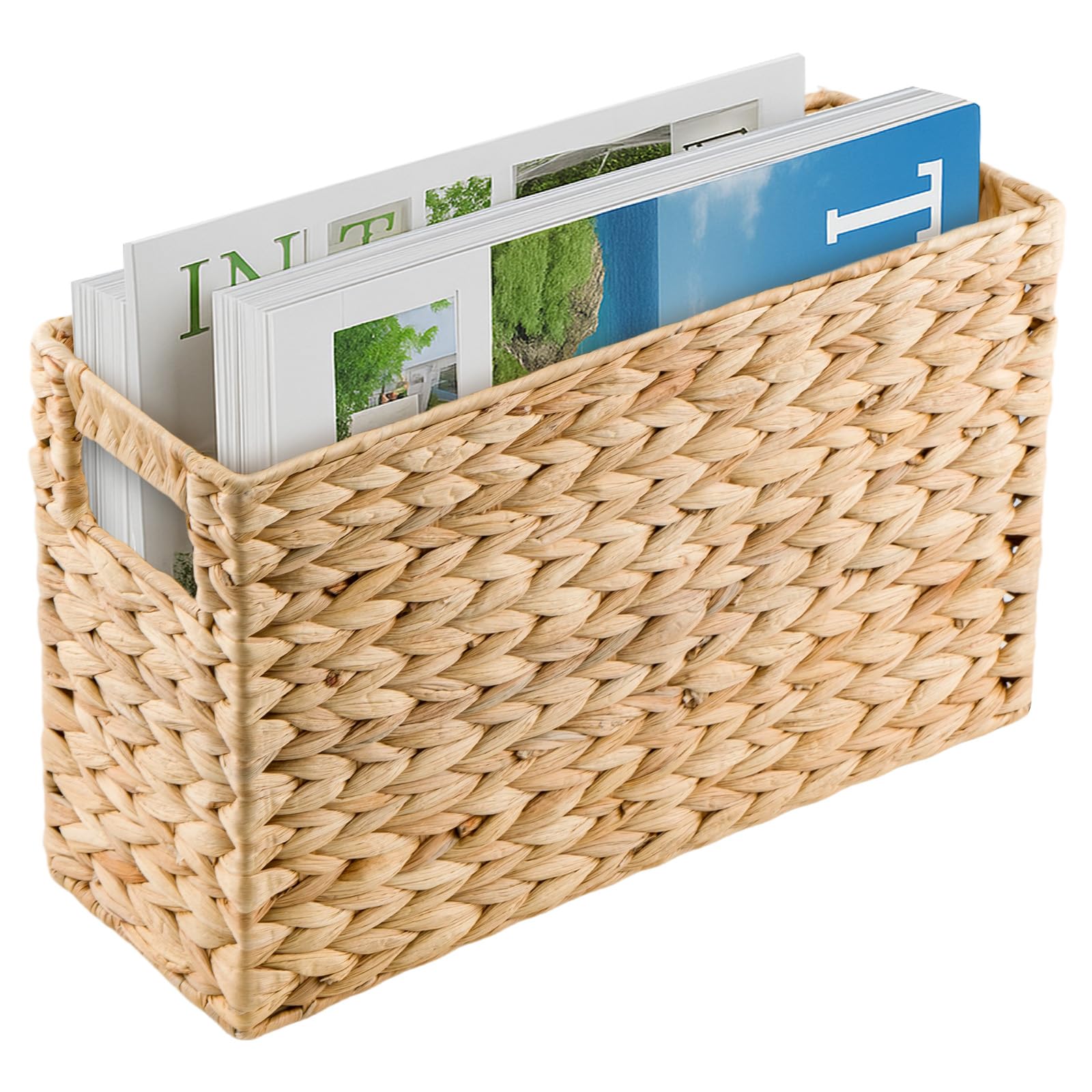 Magazine Rack Hand-Woven Water Hyacinth Basket – Narrow Wicker Storage Basket for Magazines, Files & Books, Natural Organizer Bin for Living Room, Home Office & Desk