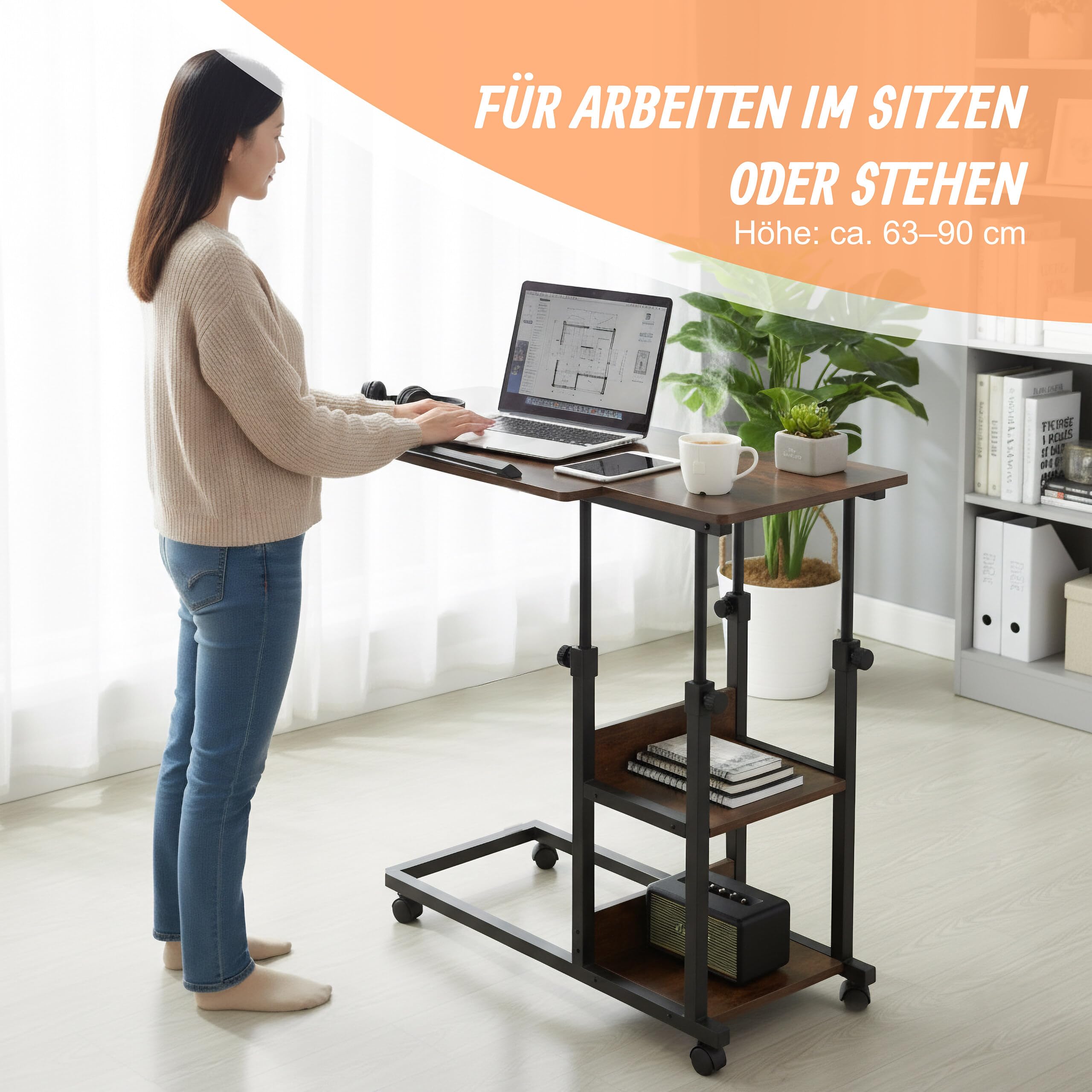 Relaxdays Laptoptisch, 63–90 cm höhenverstellbar, neigbar, Beistelltisch mit Rollen, 2 Ablagen, C-Form, braun/schwarz