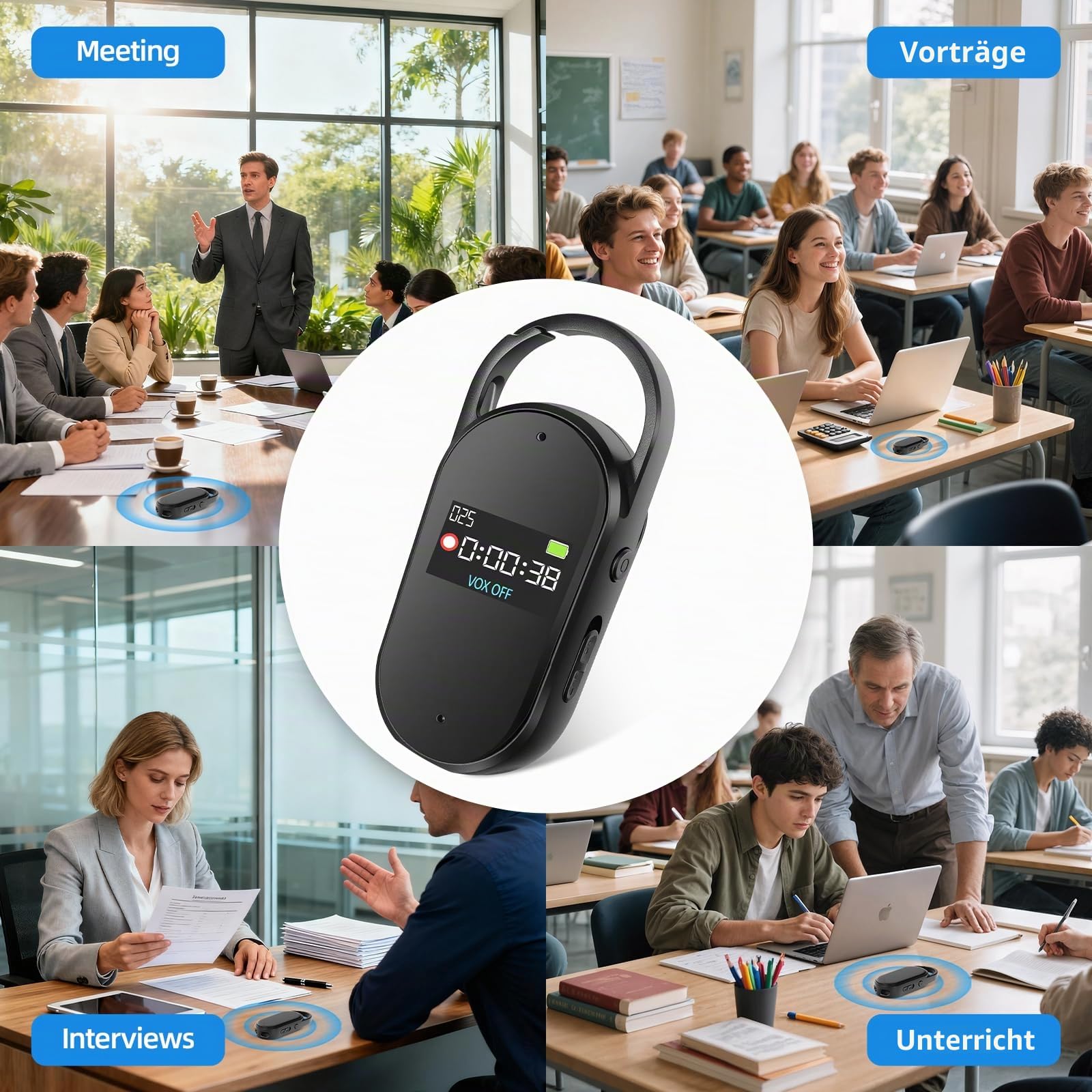 64 GB Digitales Diktiergerät - tragbarer Mini-Digitaler Audio-Aufnehmer mit Spracherkennung und MP3, Schlüsselanhänger-Design, AGC-Rauschunterdrückung, für Unterrichte, Meetings (Black)