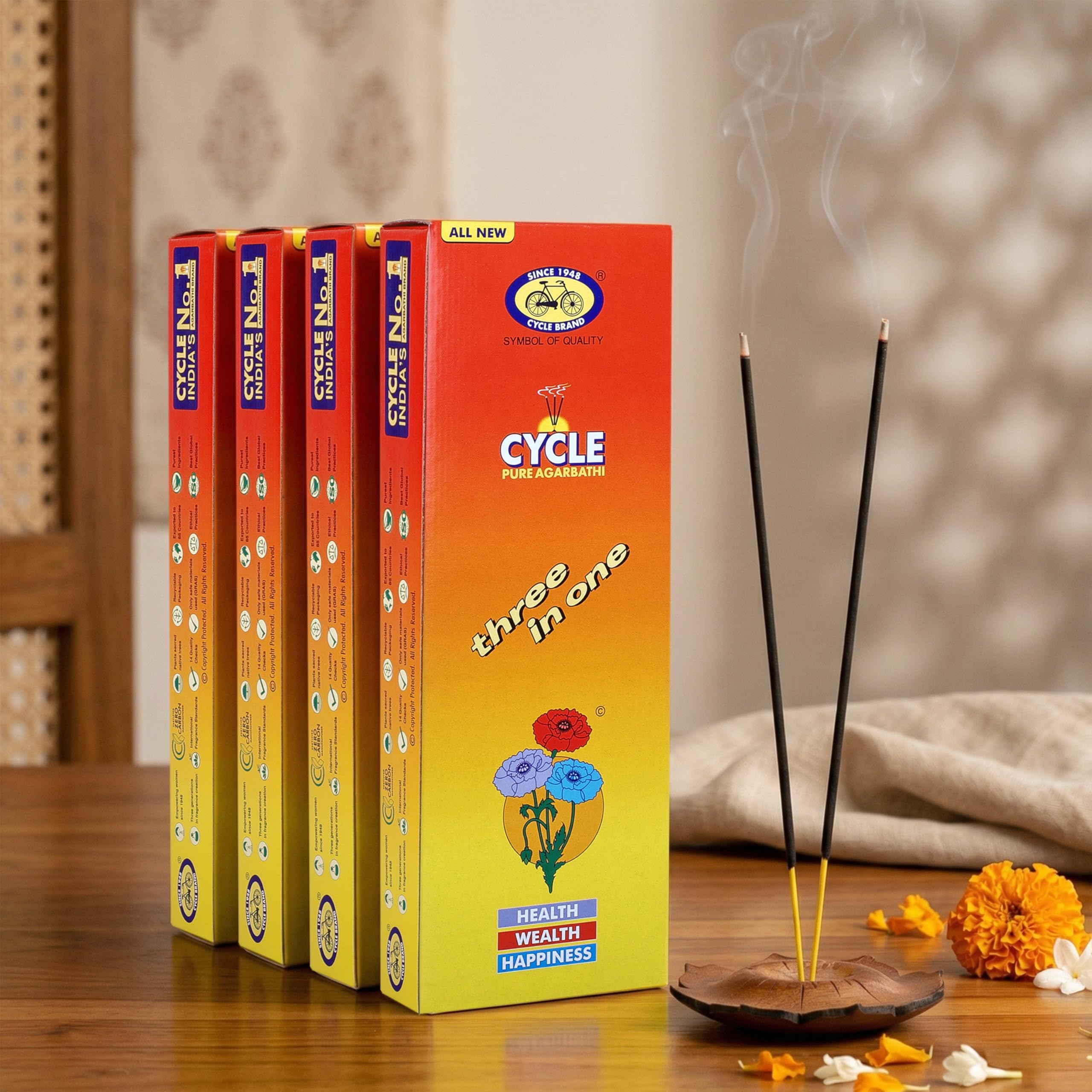 Cycle Pure Agarbatti Three in One Incense Sticks || Pack of 4 (250gm per Pack) || 3 Signature Fragrances Floral, Woody, Lily I Natural Fragrance for Puja, Meditation, Refreshing Ambience
