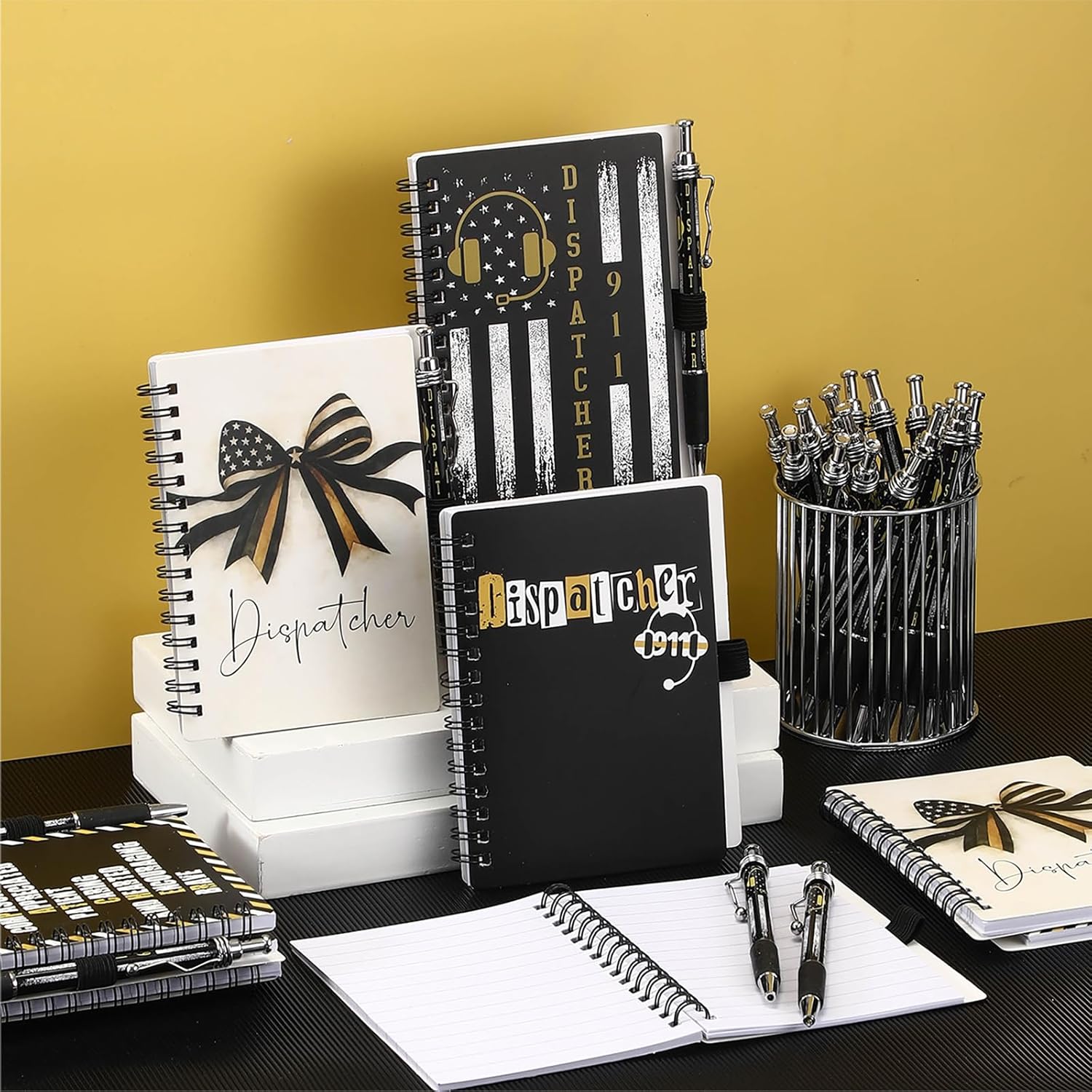 Eaasty 20 Set 911 Dispatcher Appreciation 911 Operator Spiral Notebook with Flag Headset Design Ballpoint Pen Accessories Telecommunicator Week for First Responder Police Emergency Dispatch