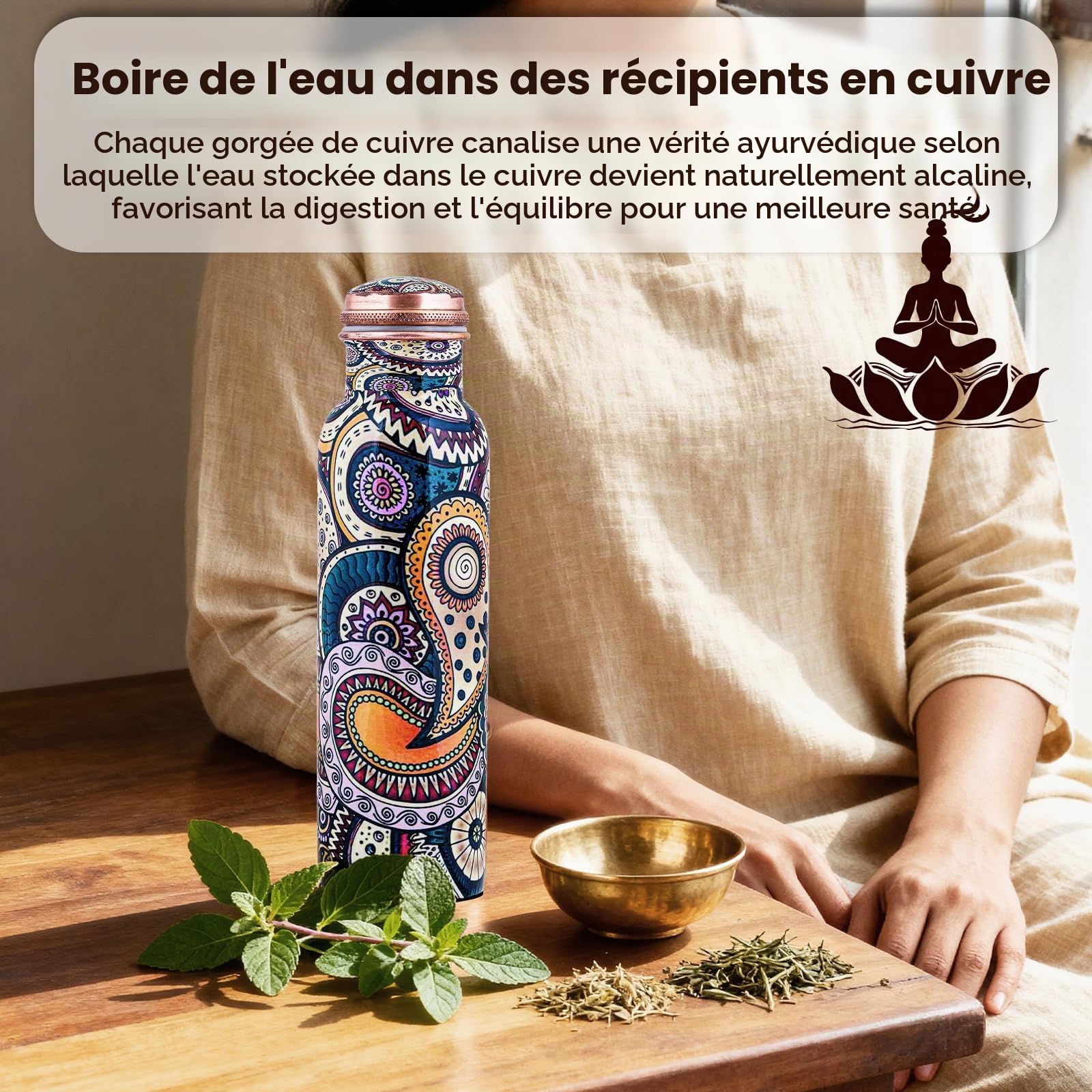 Bouteille en cuivre imprimée couvercle et sac de transport sans BPA anti-fuite renforce l'immunité soutient la digestion inspiré de l'Ayurveda 963,9 g