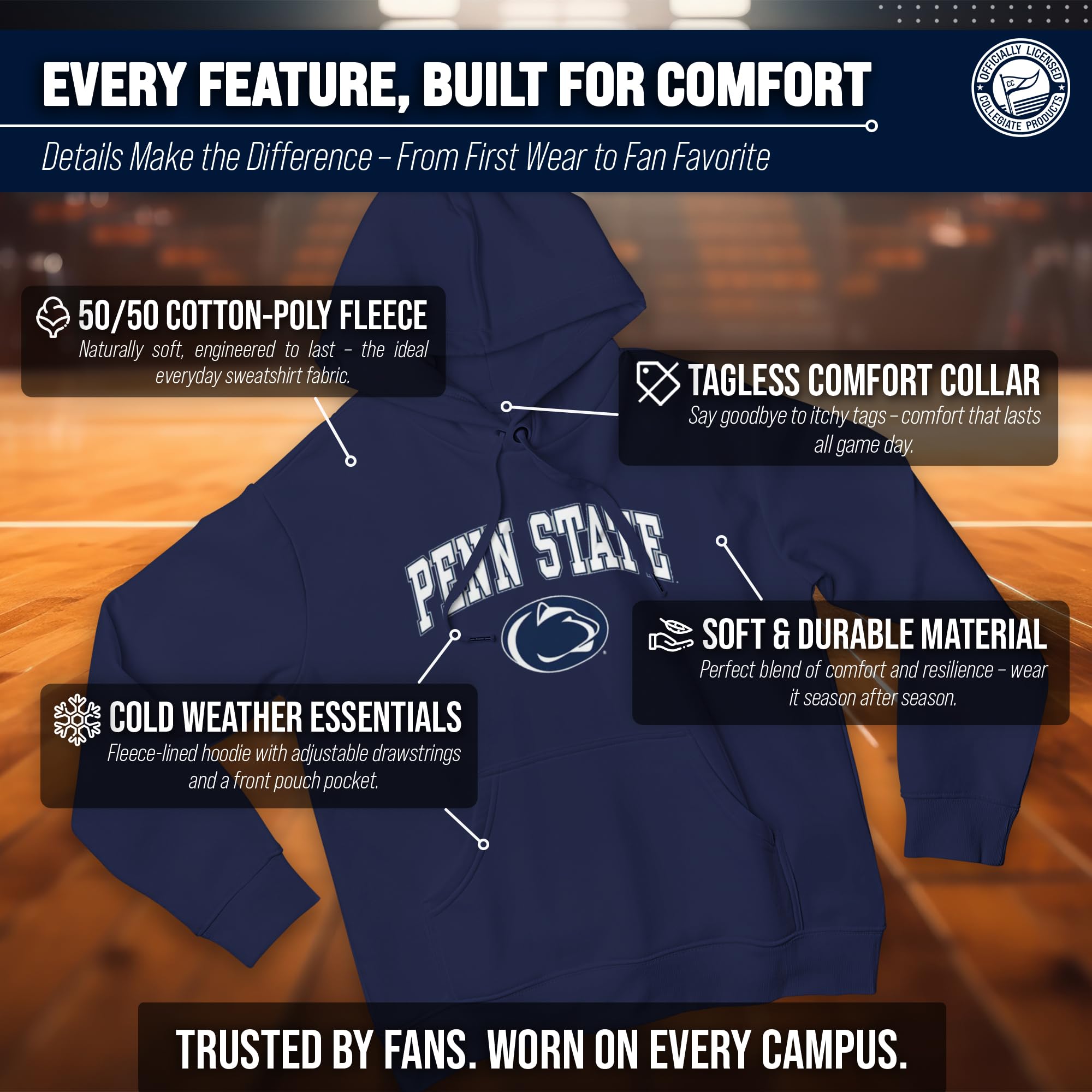 Campus Colors NCAA Kapuzen-Sweatshirt mit Aufdruck Arch & Logo, langärmelig, Unisex