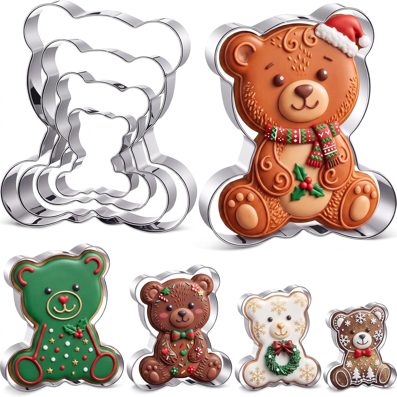 Lemonroad 4 Pcs Bear Cookie Cutter Set- 5", 4", 3", 2" Stainless, Style 2