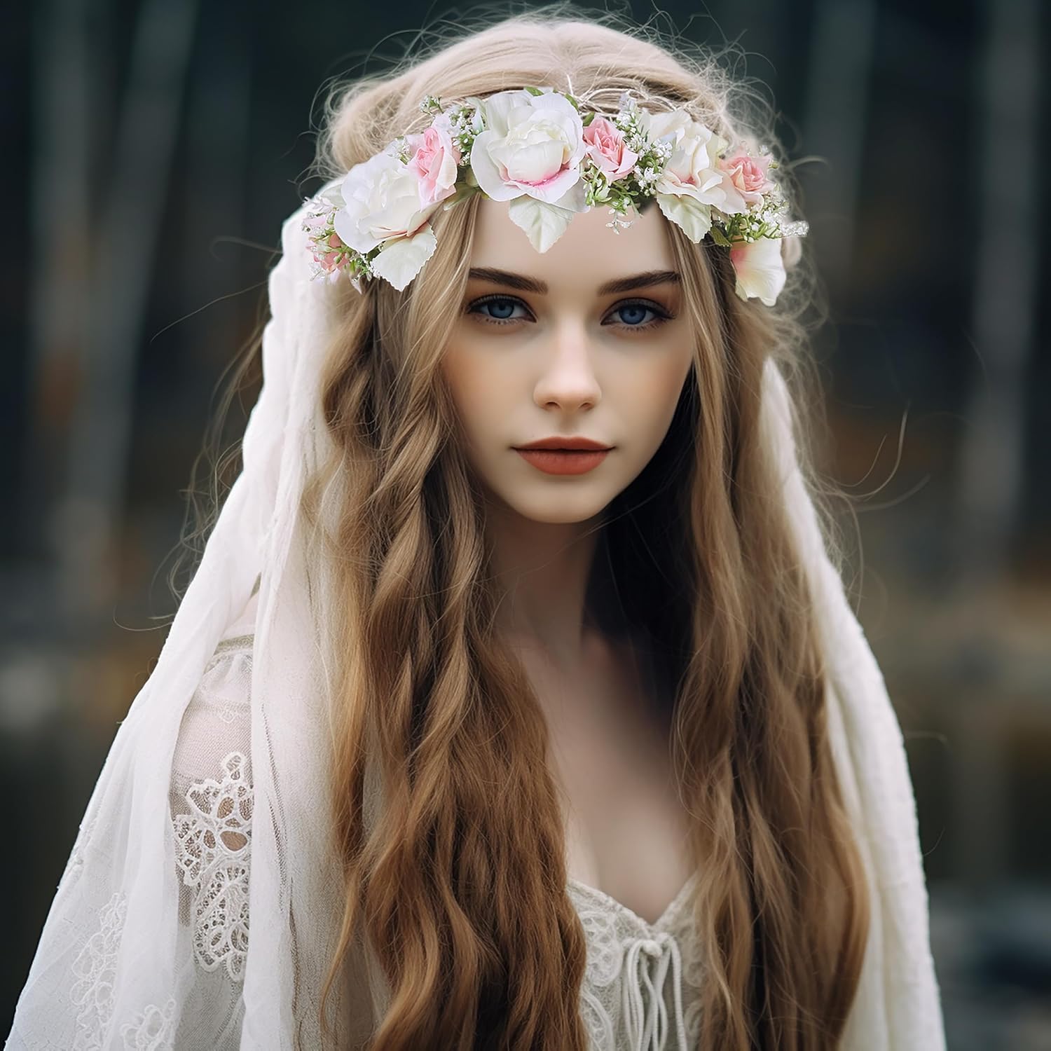 Girl Flower Crown Rose Floral Headband Hair Wreath Flower Headpiece Halo Boho Party Prom Wedding Photos White