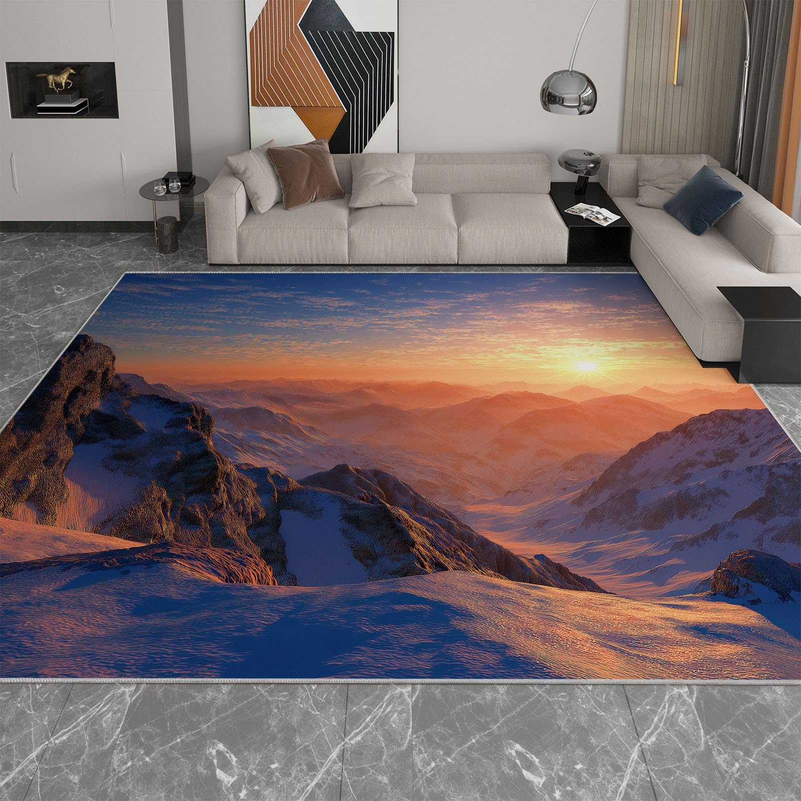 Genérico Alfombras Lavables para Sala de Estar Sol y Montañas Fotografía Paisaje Natural 80 x 150 cm, de Pelo Corto Suaves para Dormitorio - Antideslizantes, esponjosas de Lana sintética con Efecto