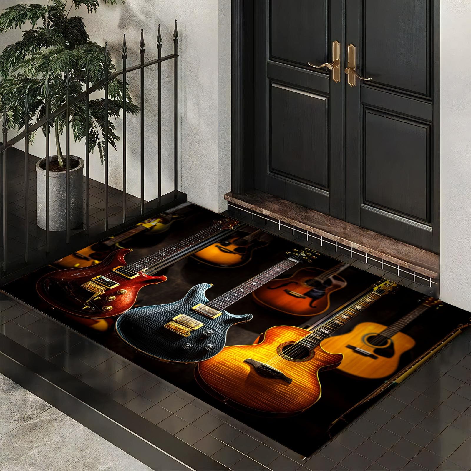 Tapis de Porte Lavable Magasin D'Instruments De Musique, 60 x 120 cm Tapis de Sol Style Classique Antidérapant à l'intérieur Paillasson Absorbant pour la Cuisine, Le Jardin, l'entrée du Hall - Noir